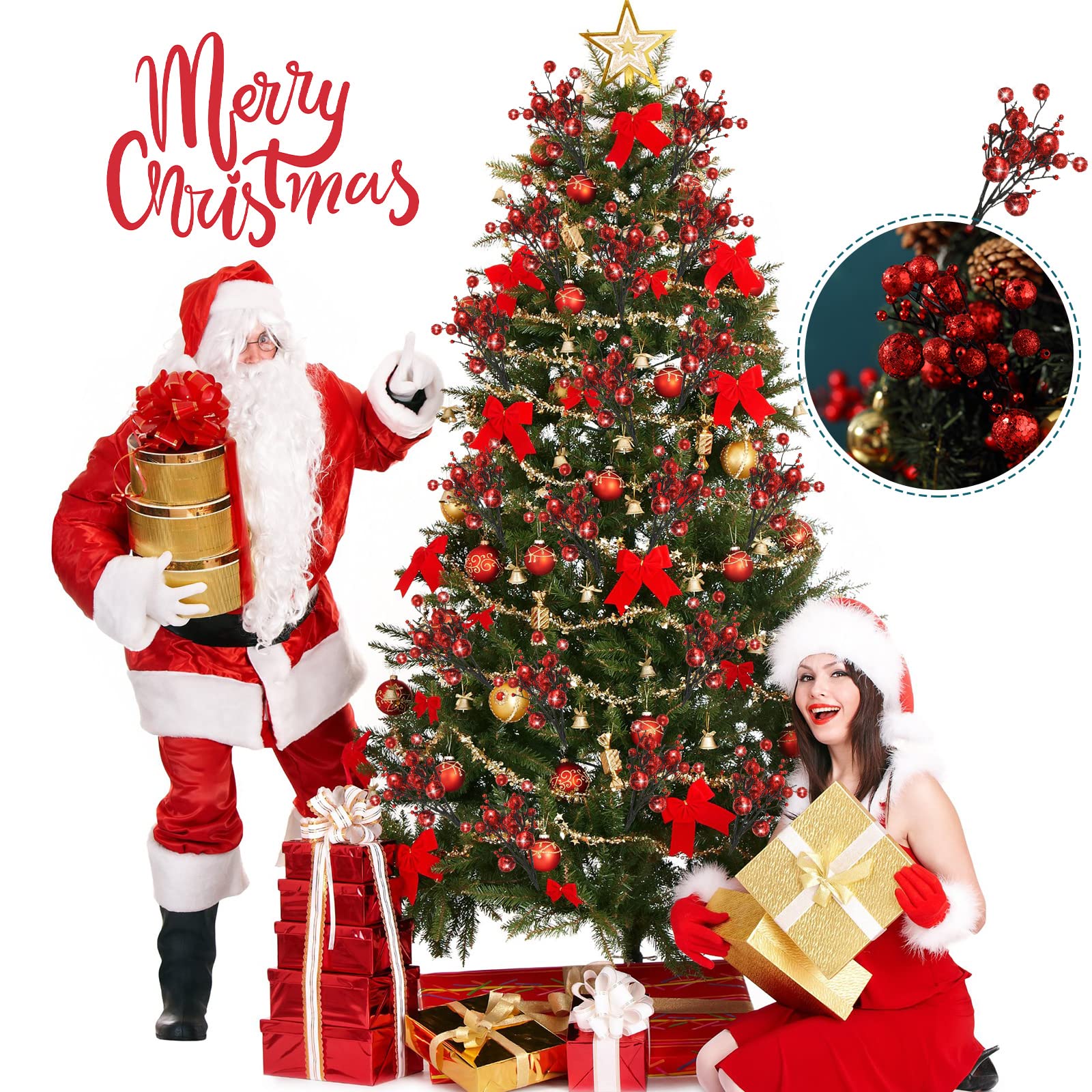 Geosar 24 Stück Weihnachten Glitzernde Beeren Zweige Weihnachten Beeren Picks Künstliche Glitzernde Beeren Ornamente Blumenstiele für Weihnachtsbaum, Haus Kranz, Party Dekoration (Rot)