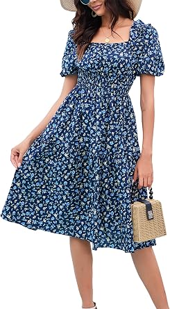 Kormei Womens Summer Floral Midi Dress Smocked Ruffle Flowy Mesh Dresses Party Wedding Guest Sundress