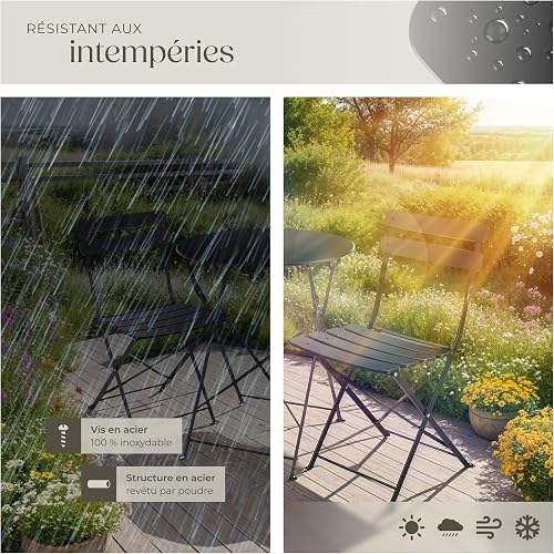 tectake® Bistro Set with 1 Garden Table & 2 Chairs, Foldable Design with Stylish Slats, Steel Frame, Floor-Protective & Non-Slip Feet, No Assembly - Garden Furniture for Patio & Balcony - Black - 7