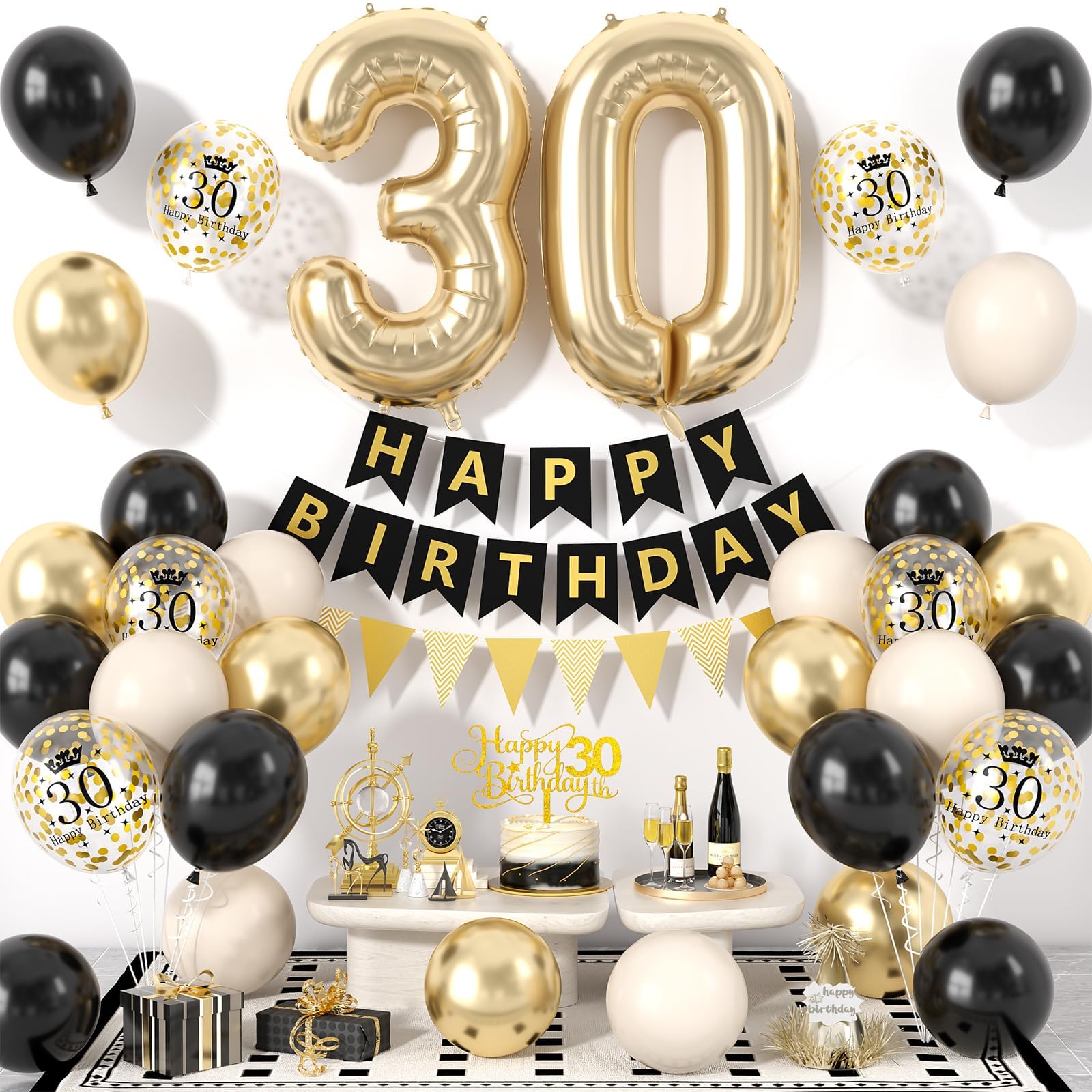 30th Birthday Decorations Black Gold, Birthday Balloons Set
