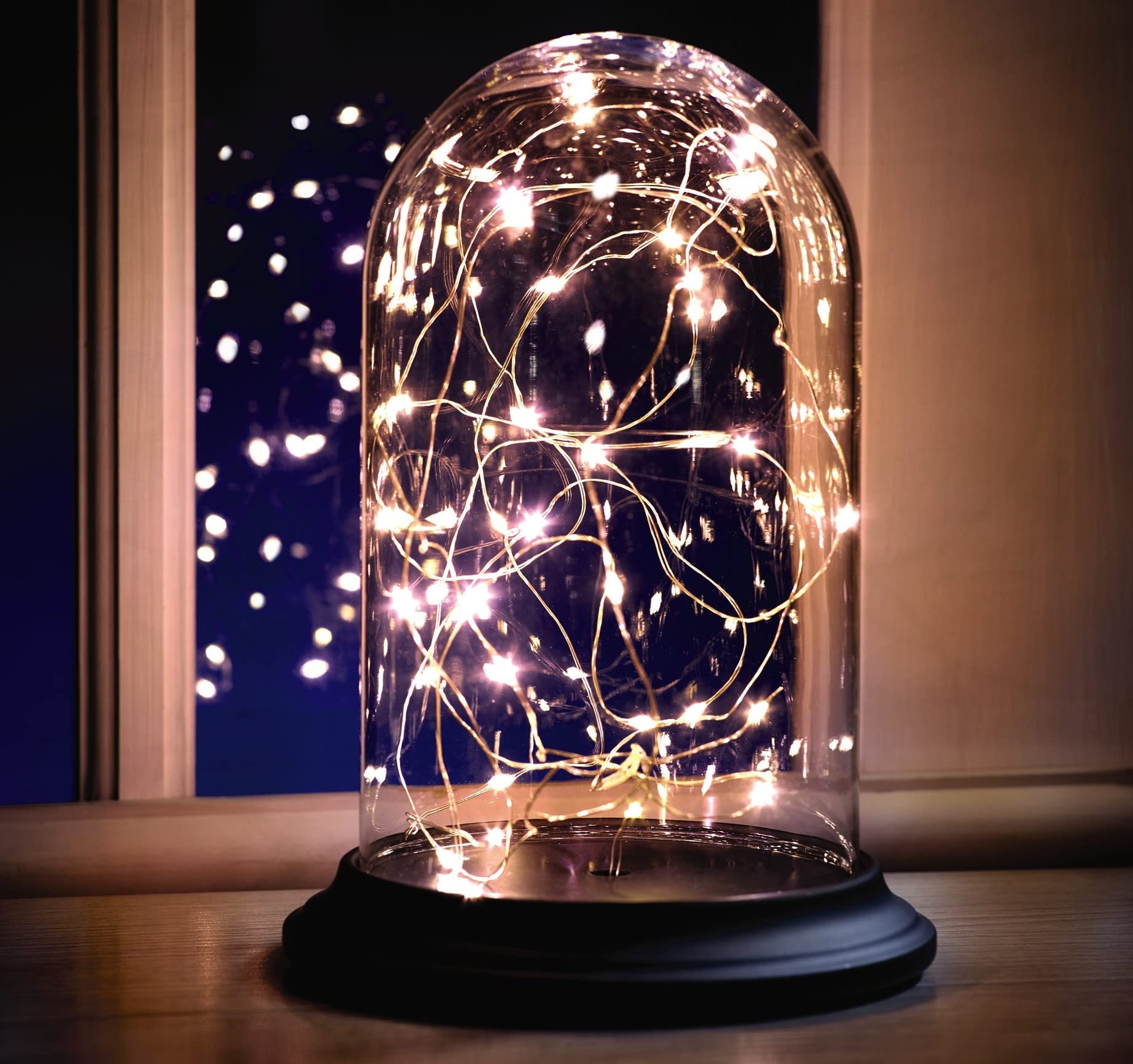 Mysmartbuy.com Clear Led Bell Jar Light – 23Cm Battery Powered Glass Dome Cloche Ornament With Warm Yellow Led Fairy String Lights – Indoor Home Tabletop Centrepiece Windowsill Bedside Lamp Decor