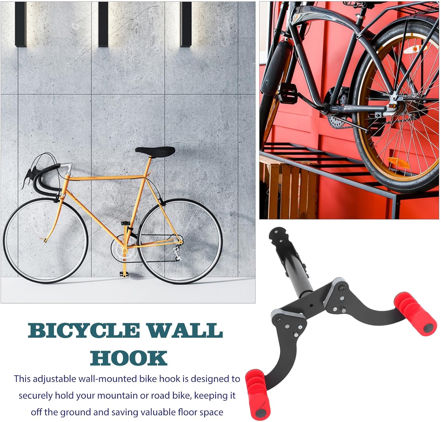 DOITOOL Adjustable Bike Wall Mount Rack for Mountain and Road Bikes Horizontal Bicycle Wall Hook Holder Garage Storage Hanger Black-red