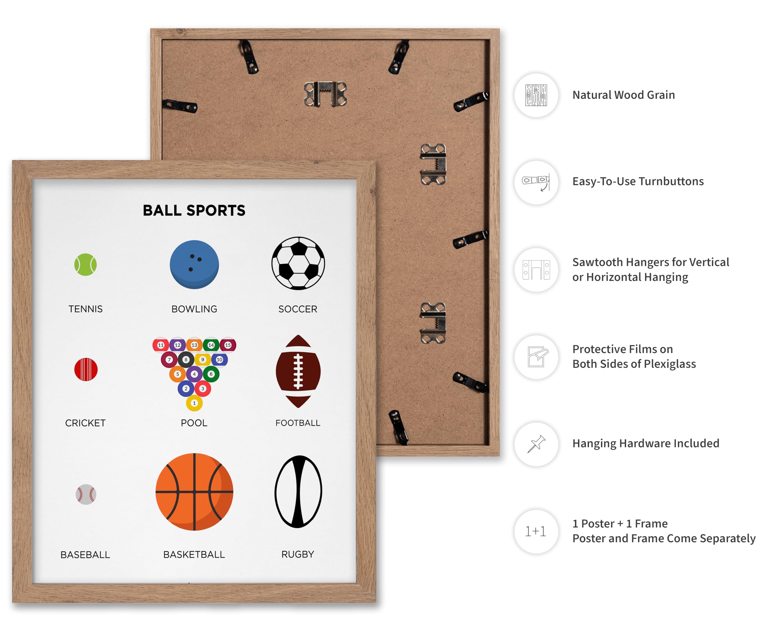 Poster Master Poster sportivo con palla, stampa con palla, arte sportiva, pallacanestro, arte calcistica, arte del baseball, arte biliardo, bowling, sala giochi o camera dei bambini, con cornice