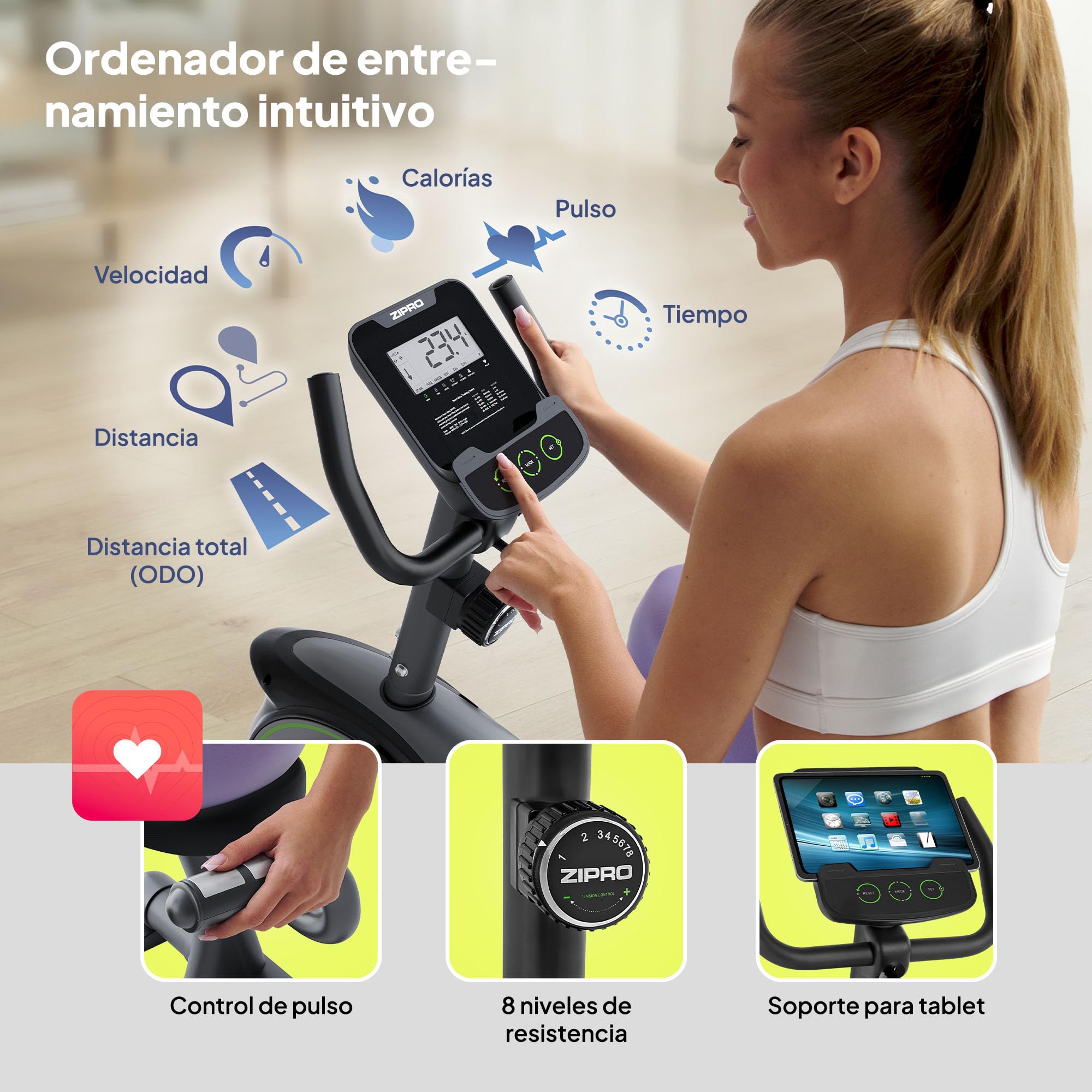 ZIPRO Bicicleta Estática Magnética 150kg Bici Exercise Bike Silenciosa | Resistencia Magnética, Ergométrica, Soporte máximo, Para uso en interiores, Modelo Easy, Perfecta para Casa , Ajustables