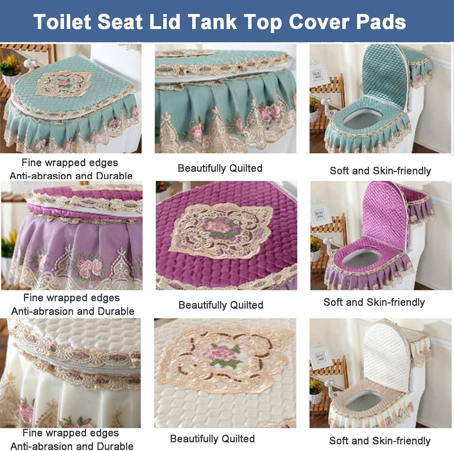 3PCS Lace Toilet Seat Lid Tank Top Cover Pads for Bathroom，Soft Italian Fleece Toilet Cover Cushion with Zipper，Double-sided Cotton Bathroom Decoration Accessories Set Washable(Purple)