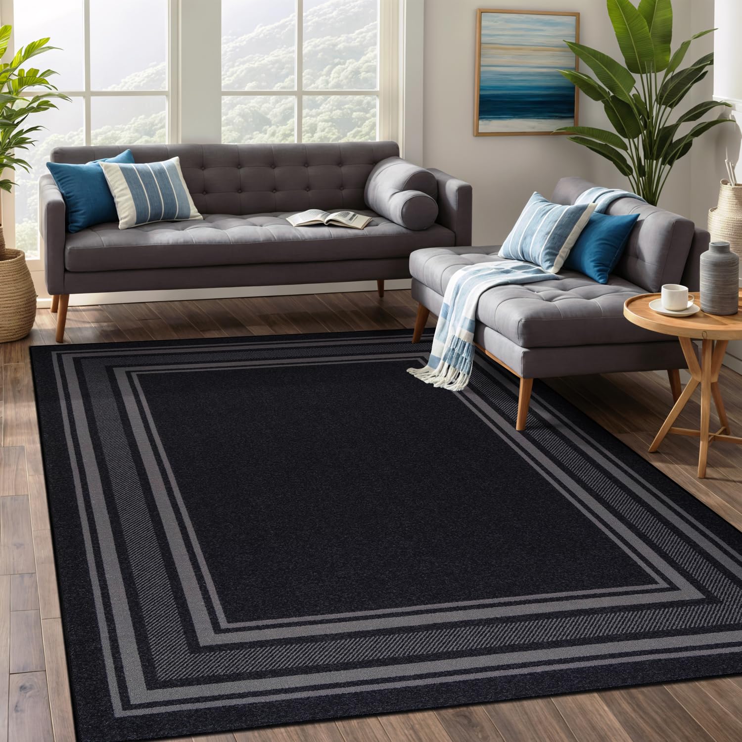 Beverly Rug Non Slip Area Rugs 8x10 Modern Bordered Non Skid Rubber Backing Soft Area Rug for Living Dining Room Easy to Clean Non Shedding Kitchen