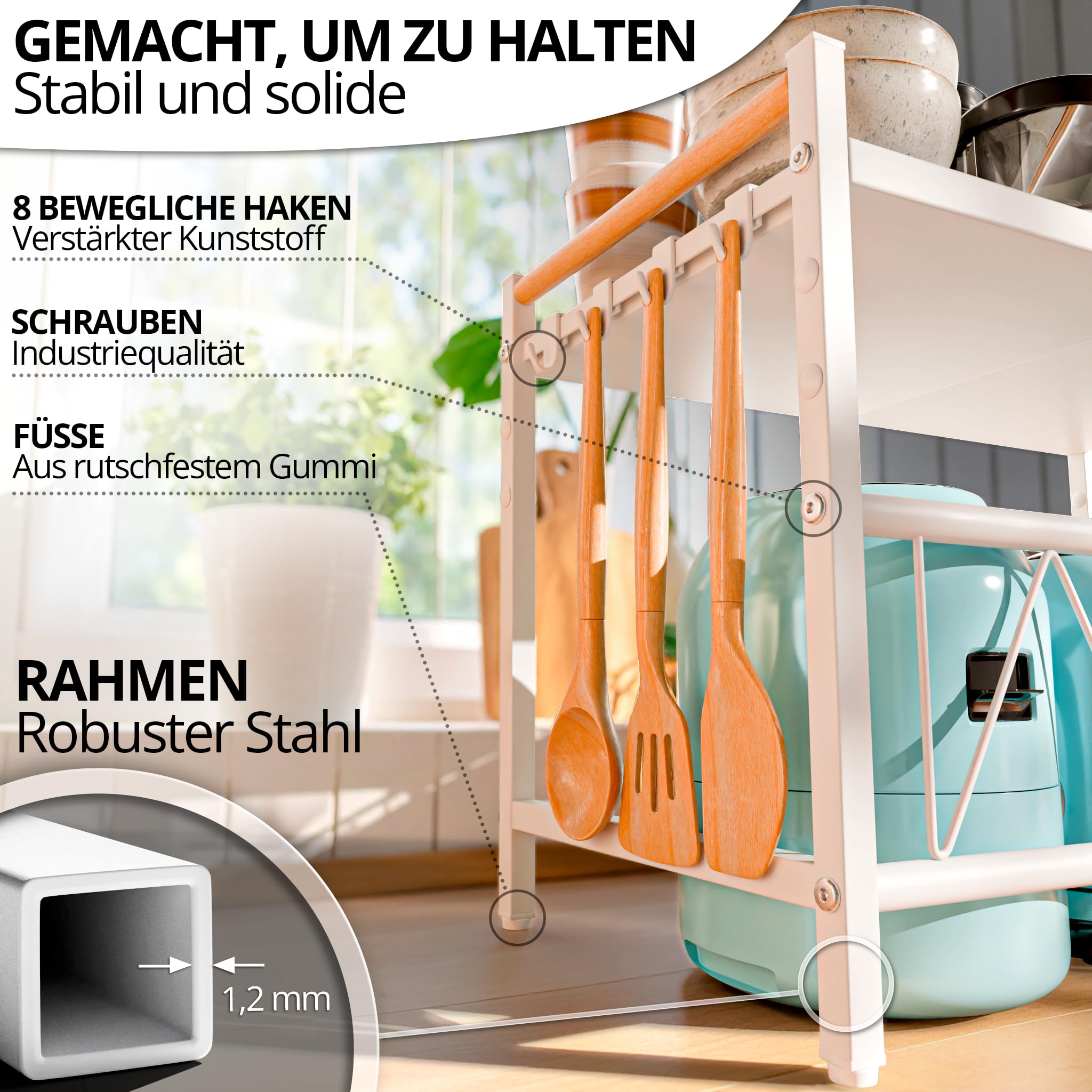 Mikrowellenregal Erweiterbar 40–60 cm – Weißes Küchenregal mit Holzgriffen für Arbeitsplatte, Höhenverstellbarer Mikrowellenständer aus Stahl, Regal für Mikrowelle, Kaffeemaschine & Airfryer