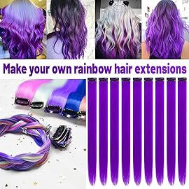 TOFAFA 22 inch Colored Hair Extensions Straight Hairpiece, Multi-colors Party Highlights Clip in Synthetic Hair Extensions for Women Kids Girls Favor Christmas New Year Cosplay Gift(10pcs Purple)