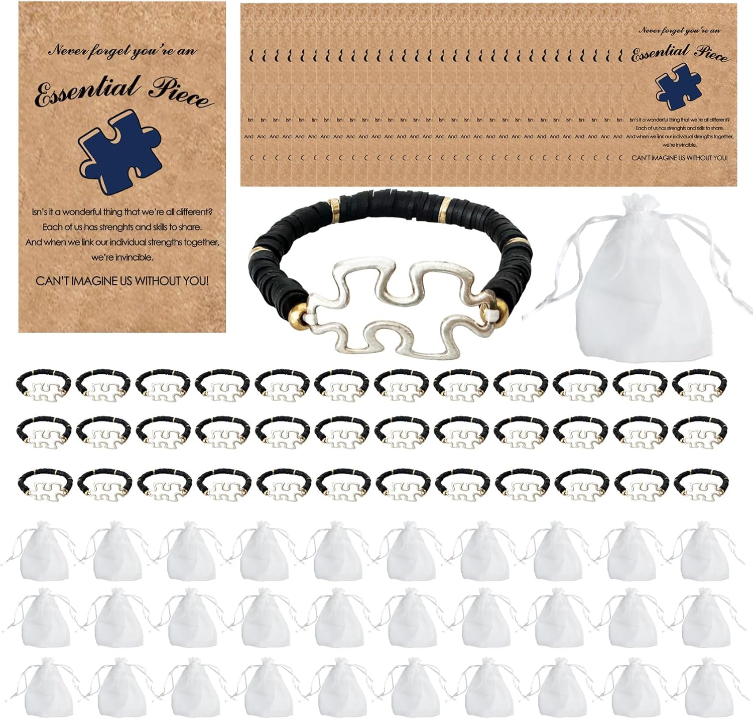Employee Appreciation Gifts, 90Pcs=30Sets Thank You Gifts Bulk With Card for Staff Volunteer Housekeeping Coworker Teacher Small Pioneer Volunteer Customer Friendship Puzzle Bracelets Fun Idea for Men Women (Puzzle Black 30 Sets)
