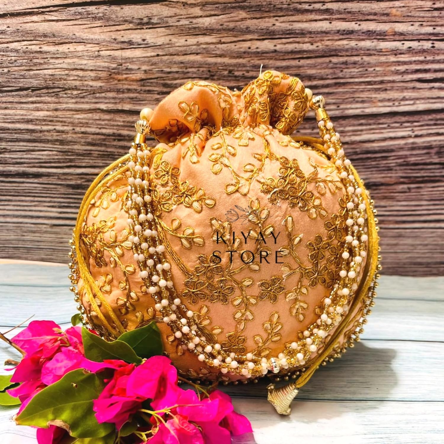 Handcrafted Women's Silk Embroidered Sequin Potli Bag Clutch with Golden Thread Pearl Handle and Tassels Bag