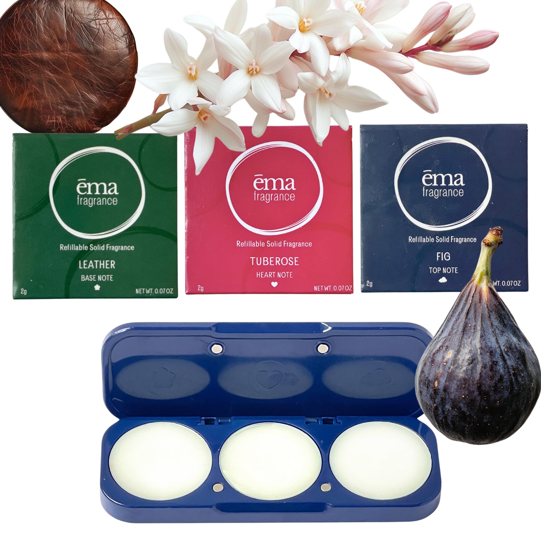 ?ma Solid Perfume Discovery Set - Refillable Compact with Leather, Tuberose, Fig Fragrance Notes