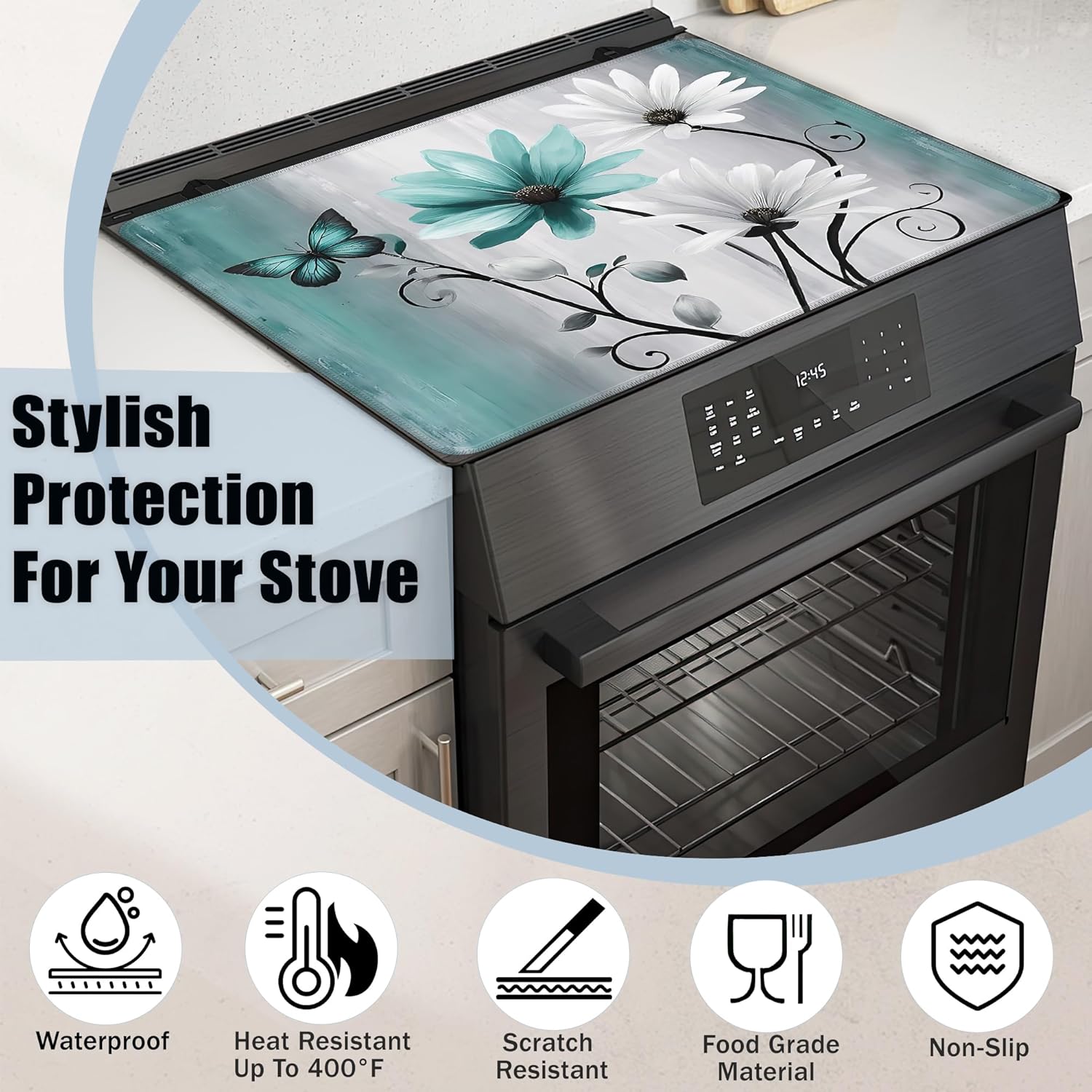 Blue Daisy Flower Glass Top Stove Cover Protector,Rustic Butterfly Floral Heat Resistant Stove Top Cover, Large Size Range Covers for Electric Stove Countertop Mat, 28 x 20 Inch