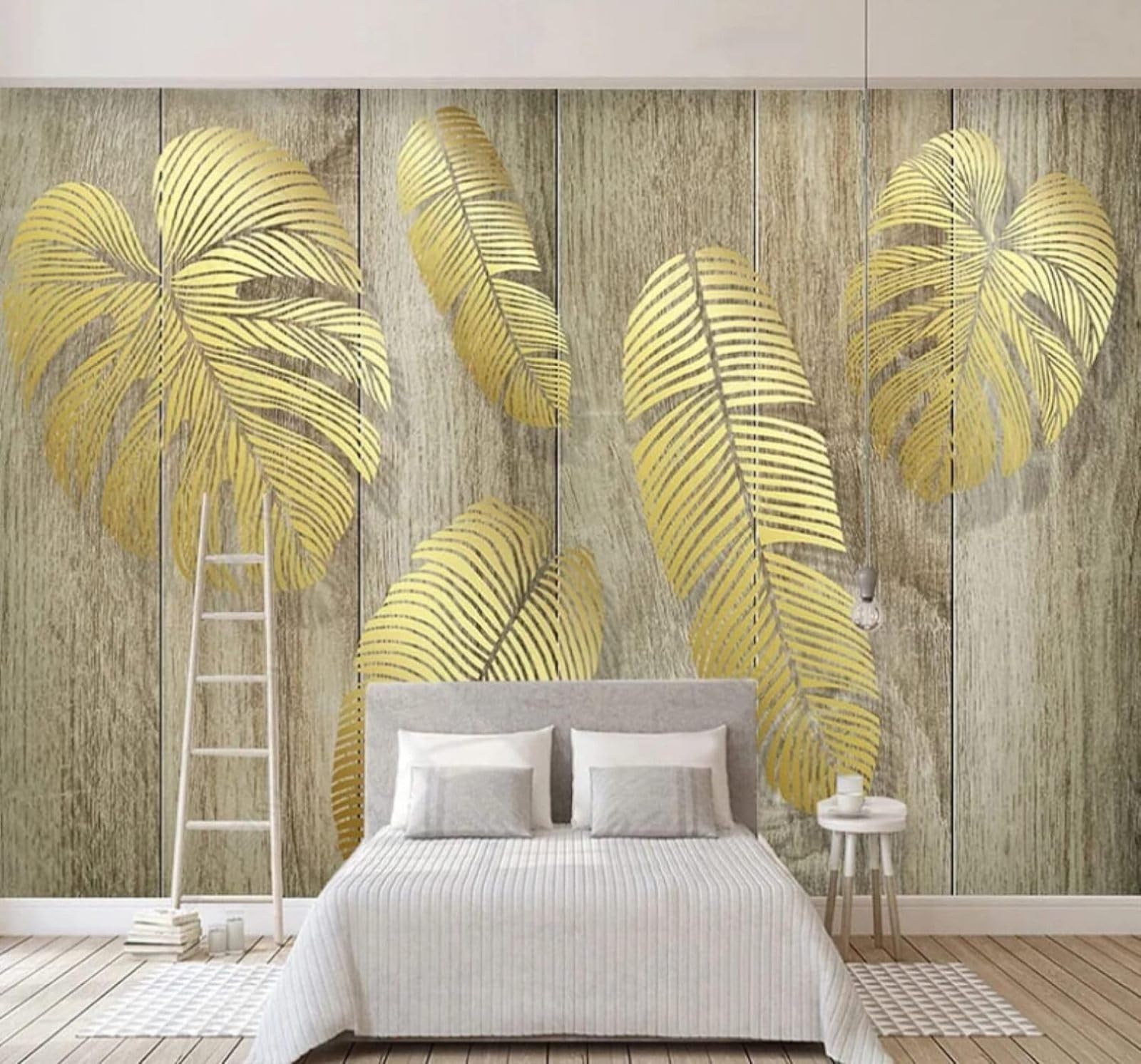 Three Dimensional Minimalist Gold Leaf Leaves Wooden Board 3D Wallpaper Easy Install Feature Office Living Room Sofa Bedroom TV Background Wall Decoration-250cm×170cm