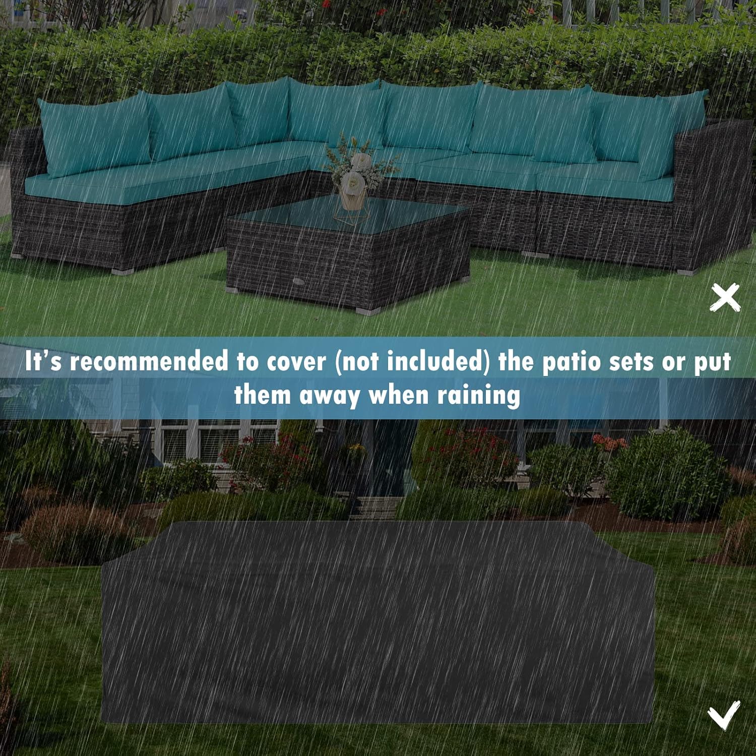 An image depicting the patio set in the rain, with a recommendation to cover it or put it away during rainfall.