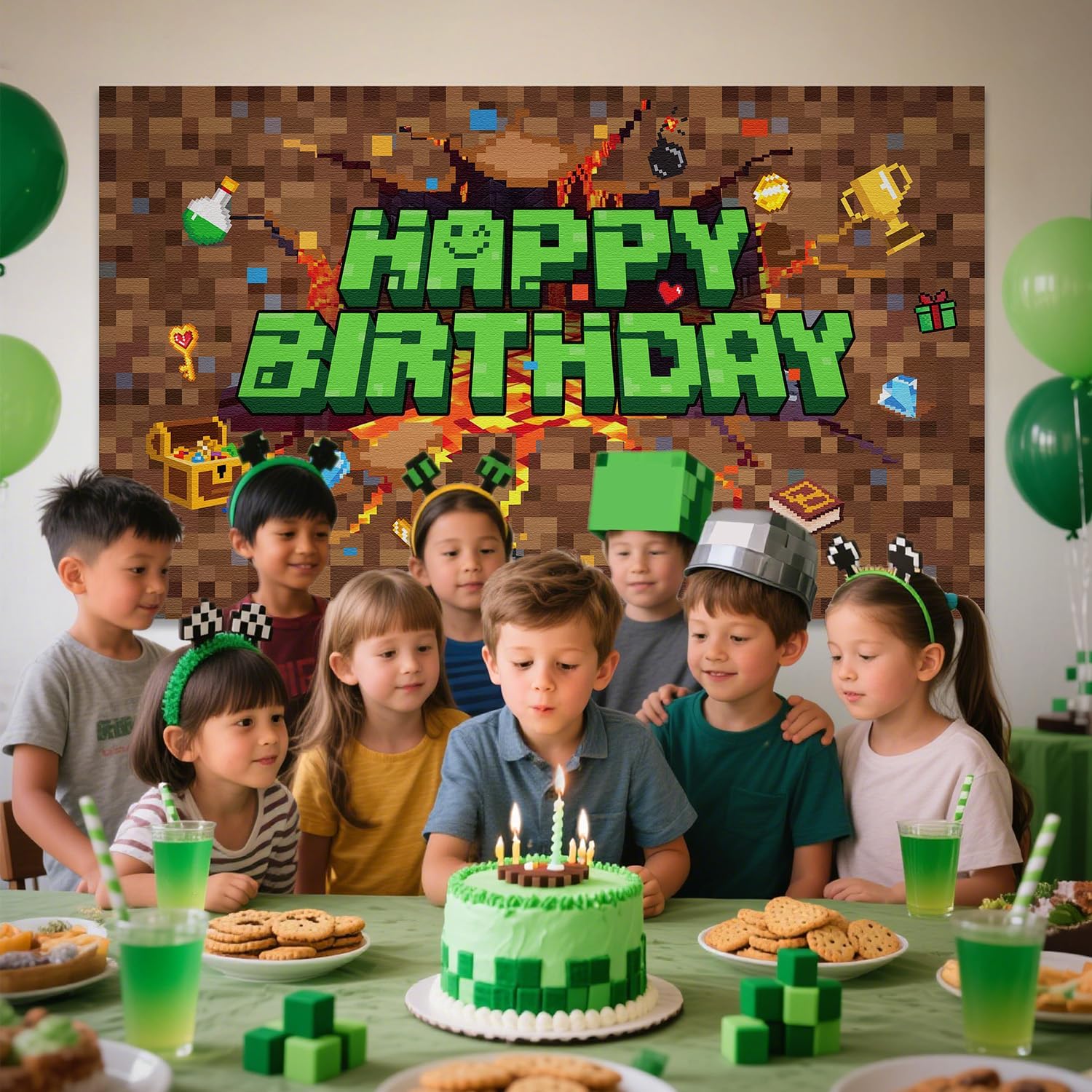 Pixel Birthday Decorations, 5x3 ft Happy Birthday Banner Backdrop for Miner TNT & Pixel Themed Celebration Kids Boys Game Party Supplies (Pixel Brown) thumbnail