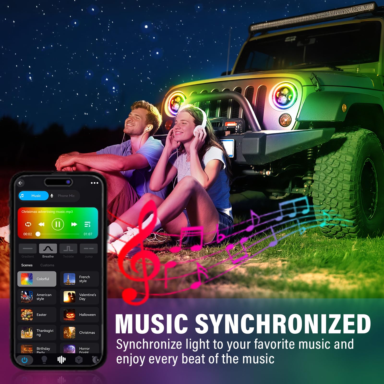 SKYWORLD 7 Pollici Rotonda Fari Led auto moto, 50W 5000LM Faro a LED Bianco RGB 4 modalità di Illuminazione Off Road Lights Fire Cross Hi/Lo Fascio Fari anteriori per Wrangler JK TJ LJ CJ Hummer