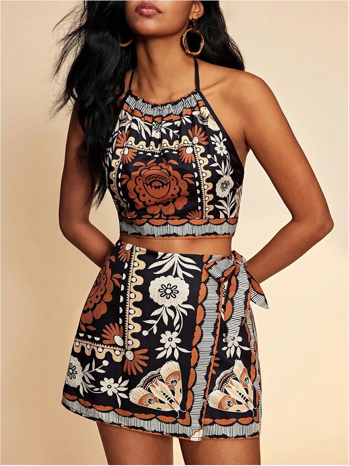 SweatyRocks Women's 2 Piece Summer Vacation Outfits Boho Tie Back Halter Crop Top and Wrap Shorts Sets