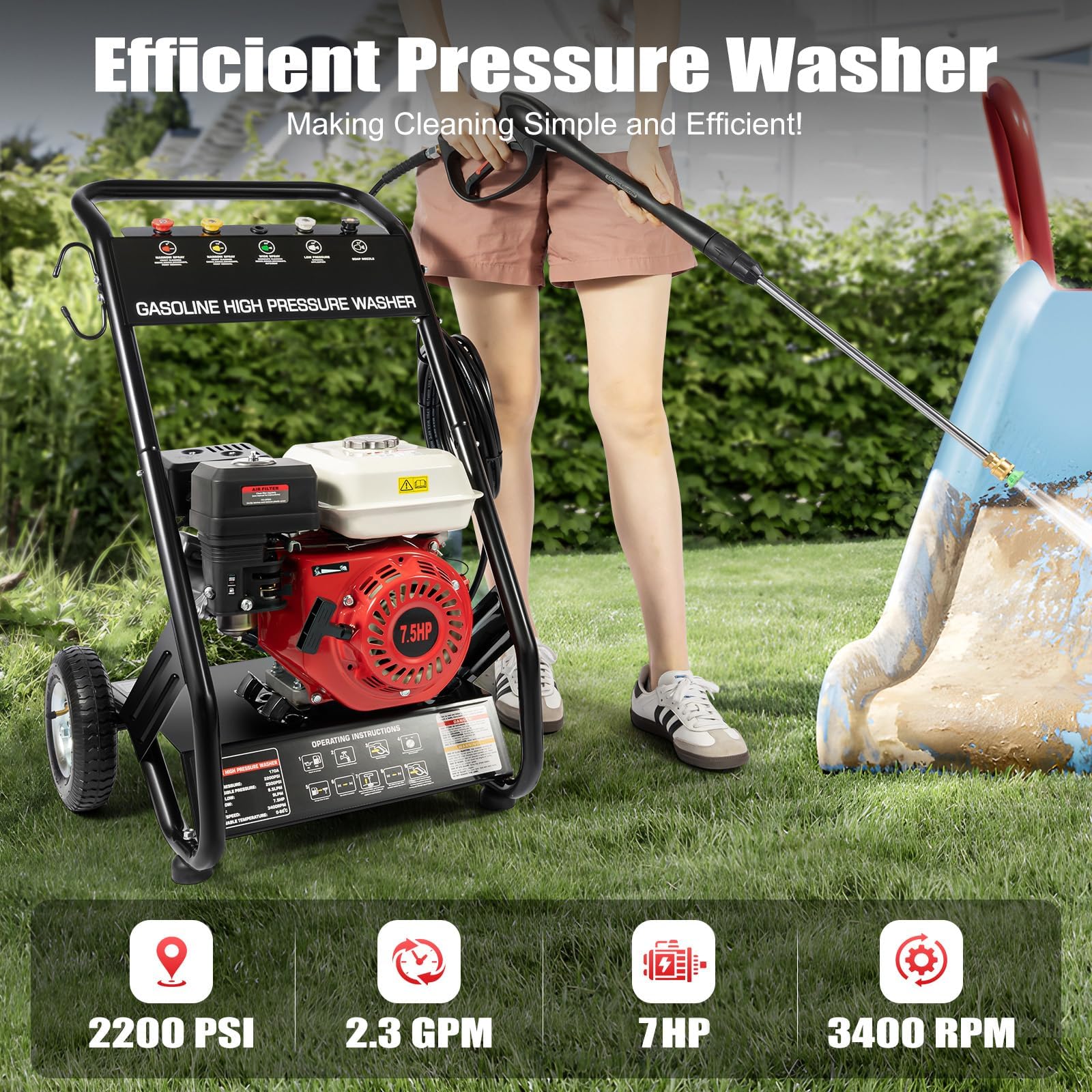 Hidrolavadora, Hidrolimpiadora de Alta Presion, Hidrolimpiadora Gasolina, Motor de 7CV, Presión 2200PSI, 5 Boquillas y Manguera, Agua a Presion Limpieza para Limpiar Patios, Coches o Fachadas