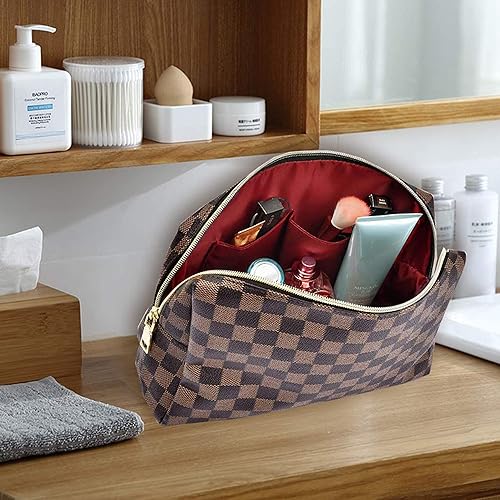 Miniatura 7 de Bolsa de maquillaje, bolsa de cosméticos, bolsa de maquillaje portátil de cuero grande a cuadros, paquete de 2 bolsas de cosméticos de viaje de gran