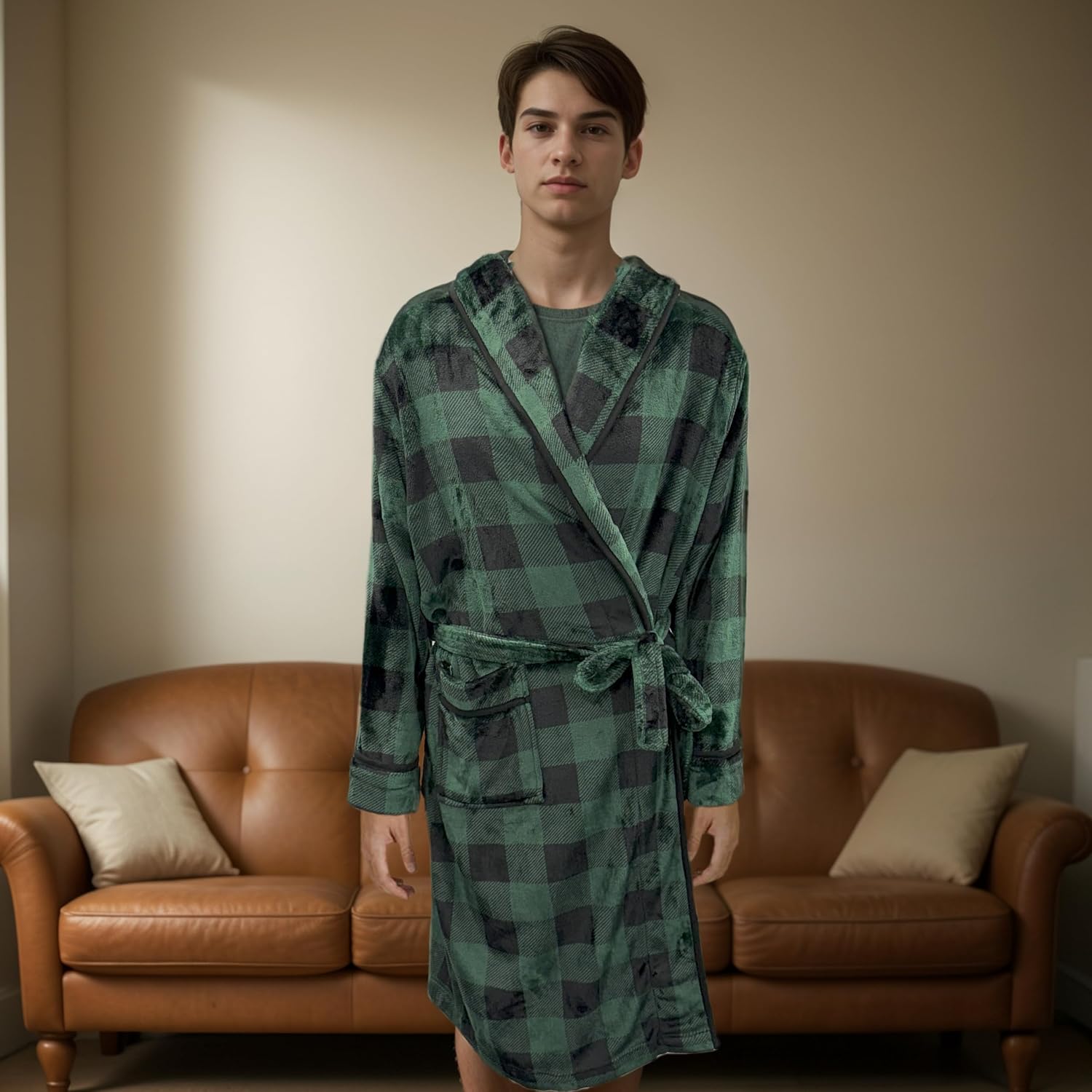 Elegant Comfort Luxury Men’s Hooded Plush Fleece Spa Bathrobe with Shawl Collar and Pockets - Velvet Soft, Mens Spa Long Robe