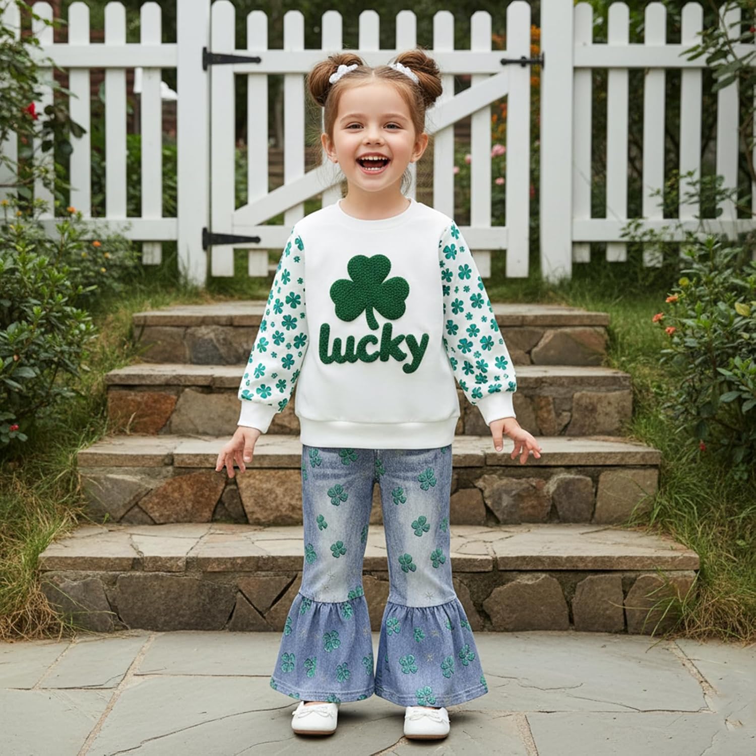 Toddler Girl St Patricks Outfit Lucky Clover Sweatshirt Bell Bottoms Jeans Little Girls Spring Fall Winter Clothes - Image 4
