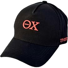Theta Chi Fraternity Baseball Cap - Brushed Cotton 5-Panel Black Hat, Adjustable Size, Embroidered Greek Letters and Fraternity Name in Script, Theta Chi Gifts for Men