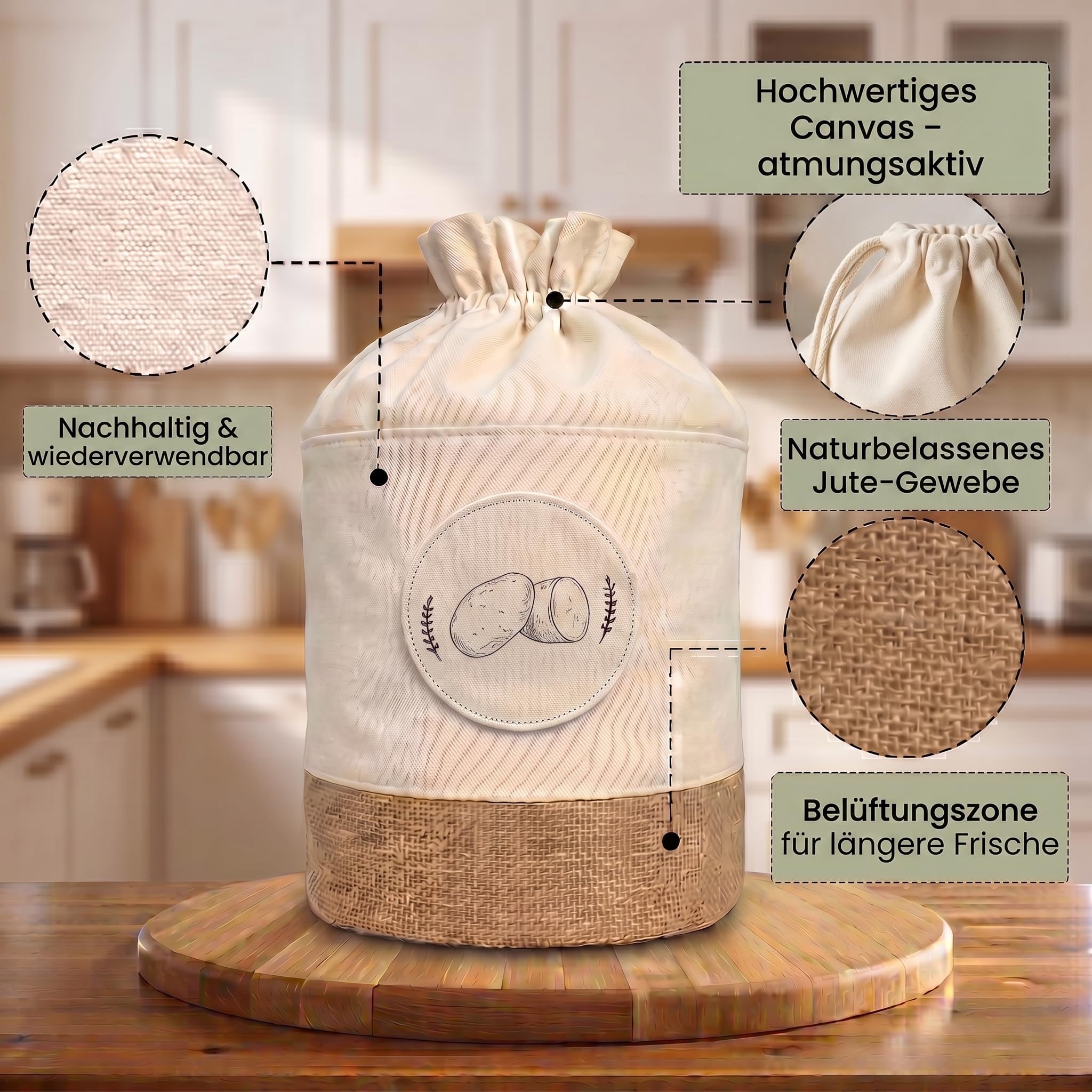 Valora® Kartoffel Aufbewahrungsbox 3er Set - Stoffbeutel für Kartoffeln, Zwiebel und Knoblauch Aufbewahrung - Längere Frische Zwiebeltopf, Kartoffelbox - Atmungsaktive und Nachhaltige Stoffbeutel
