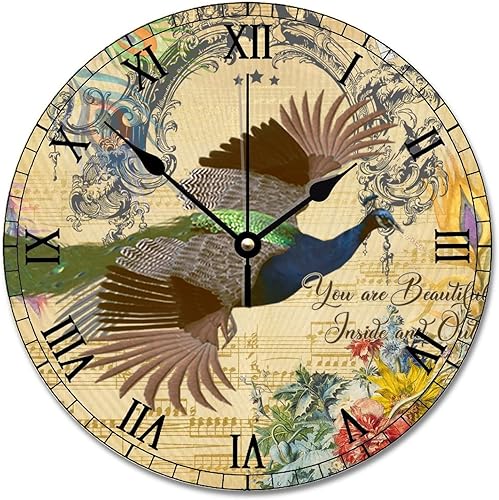 Reloj de pared con plumas de pavo real, estilo vintage, vintage, verde, azul, pavo real, pájaro, redondo, decorativo, funciona con pilas, 12