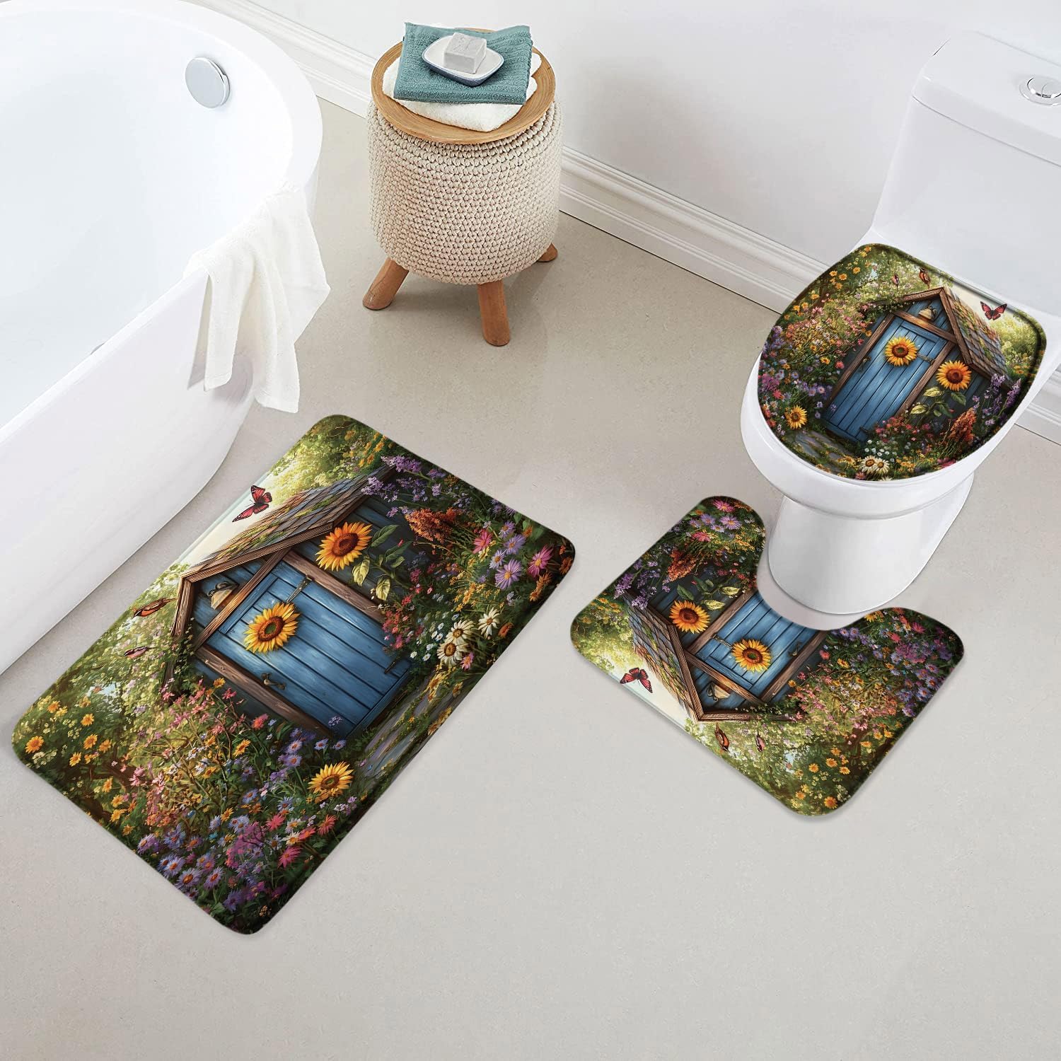 Outhouse Bath Mat Set 3 Piece Farmhouse Floral Sunflowers Wildflowers Butterflies Rustic Cottage Spring Summer Country Nature Garden Bathroom Rug Contour Mat Toilet Seat Cover Home Decor 20X32Inch