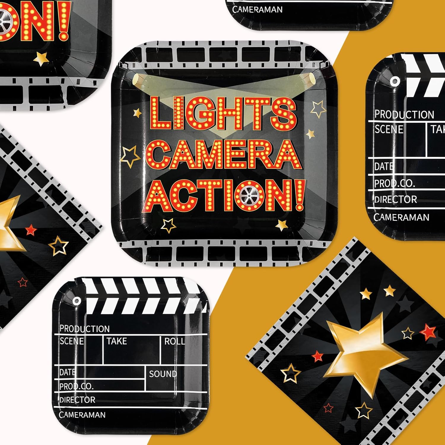 200Pcs Movie Night Party Decorations Movie Star Square Plates and Napkins Clapboard Theater Film Tableware Sets for Film Action Lights Camera Red Carpet Birthday Party Supplies Serve 50