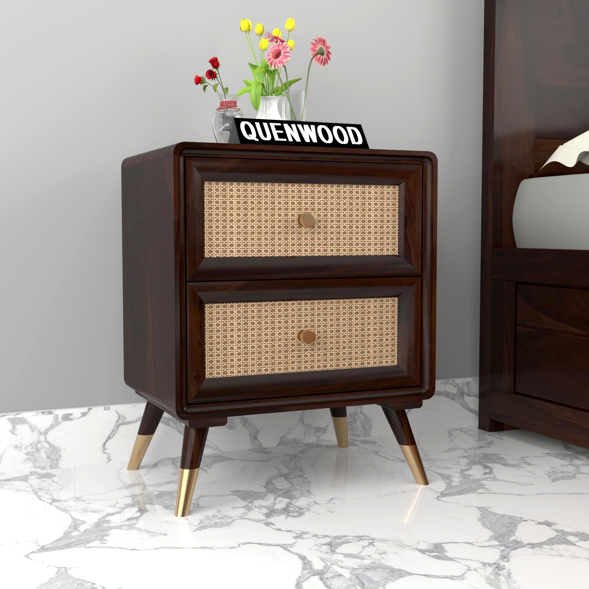 QUENWOOD FURNITURE STORE Solid Wood Rattan Cane Two Drawer Bedside Table | Wooden Nightstand With Drawer | End Table (Walnut Finish)-image-19