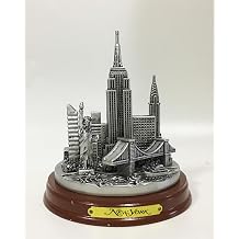 New York City Skyline Statue, Pewter Finish Collectible with Wooden Base, Features ESB, Statue of Liberty, Brooklyn Bridge