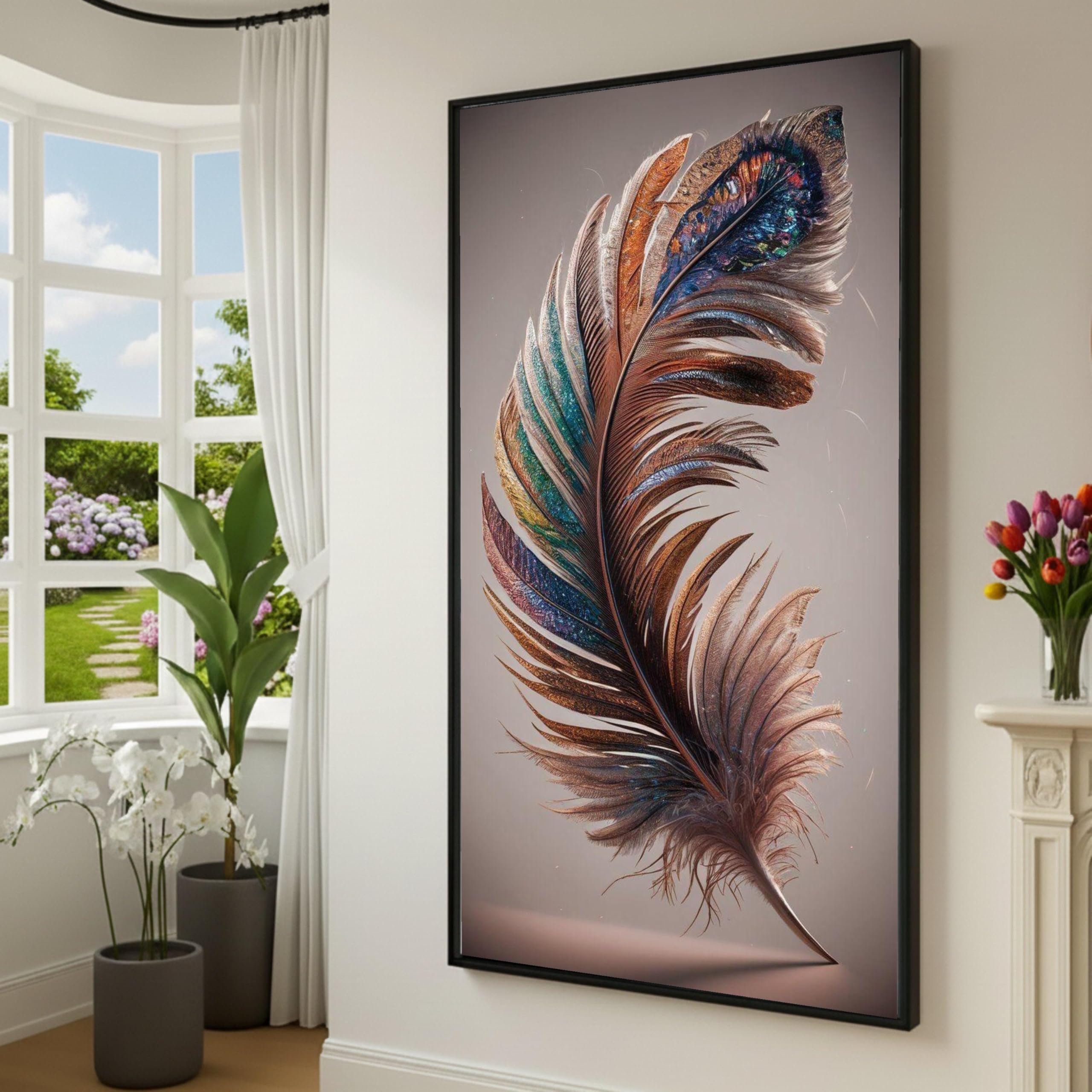CAOXTART Tableau sur toile représentant des plumes de paon colorées, art mural abstrait, affiches à motifs de plumes, impression sur toile pour la décoration intérieure (60 x 105 cm/cadre intérieur)