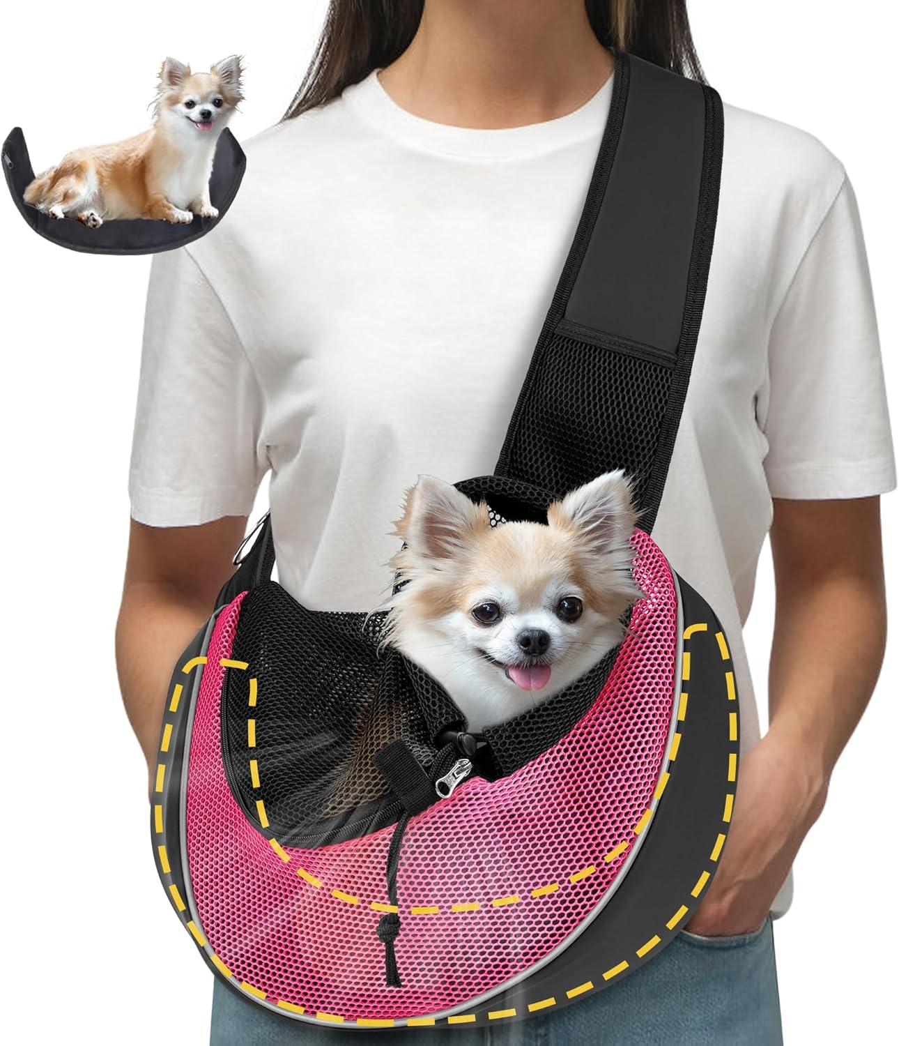 Upgrade Dog Sling Carrier (S,Pink) for Small Dogs/Cats Up to 10LB, Detachable Hard Bottom & Breathable Mesh, Large Storage Pocket, Adjustable Strap – Hands-Free Pet Carrier for Women Travel, Walking