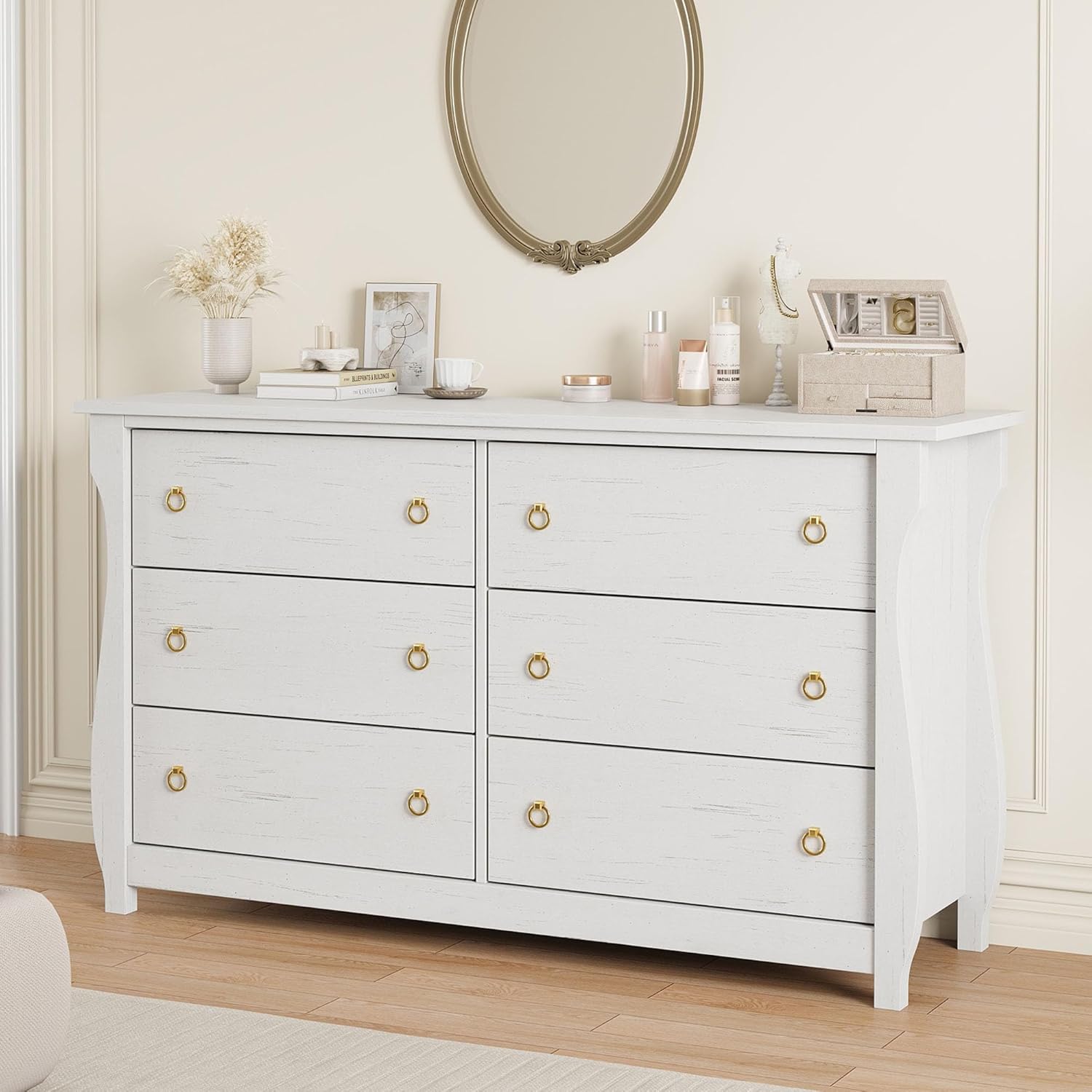 GarveeHome Dresser for Bedroom, Modern Wood 6 Drawer Dresser with Black Ring Pull Handles, 47 in Wide Chest of Drawer, White Storage Organizer for Living Room, Entryway, Natural Oak