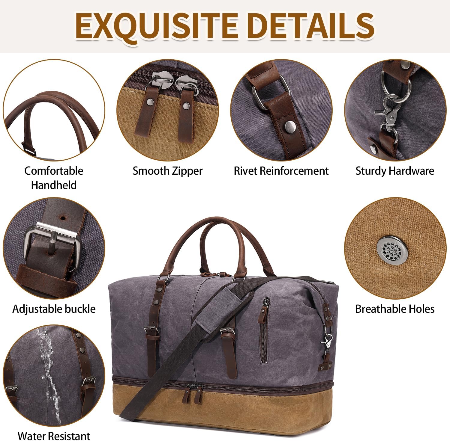 FENGDONG Weekender Bag Large Overnight Bag for Men Women Tote with Shoe Compartment Canvas Carry on Luggage Bag Travel Duffel Bag Gray