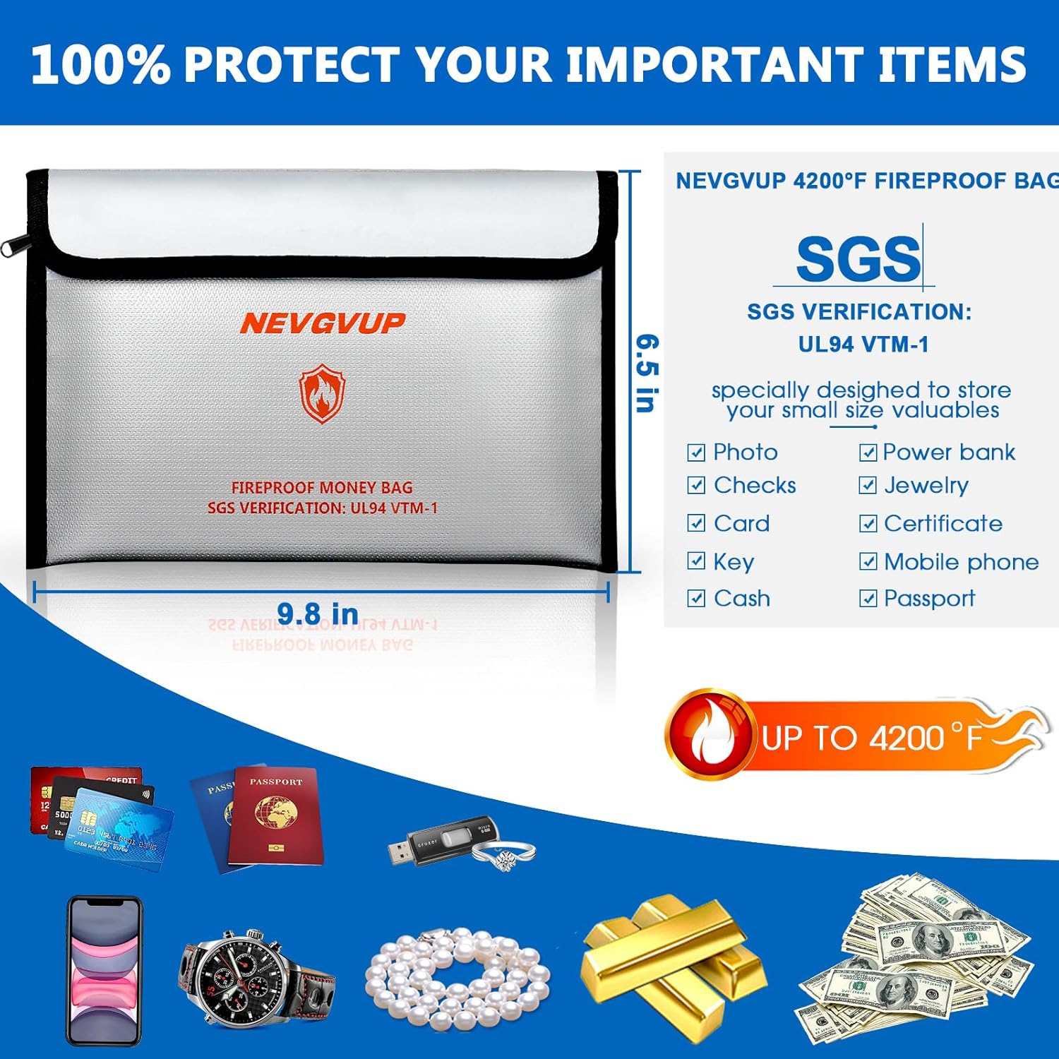 Upgraded 6200°F Fireproof Document Bag with Lock, Fire proof Money Bag for Cash with Zipper/Reflective Strip, 9 Layers of Heat Insulated Materials, PLUS 2PCS 4200F Fireproof Bag,Safe Bag