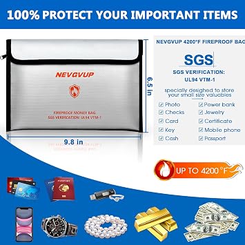 Fireproof Money Bag 4200F - Heat Insulated, 9.8 x 6.5 Small Fireproof Document Bags with Waterproof Zipper, Fire proof Bag with Reflective Strip and Fireproofs Edeging, Fire Pouch Set for Valuables