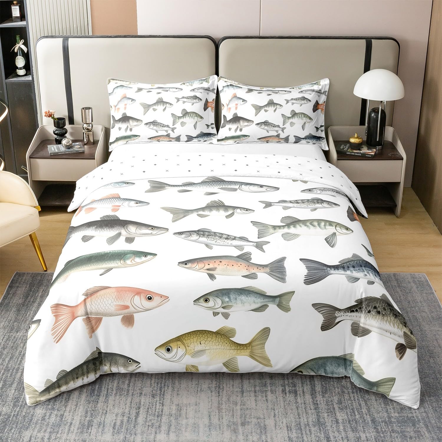 Housse de couette 220x240cm coton pêche et chasse parure de lit motif poisson brochet