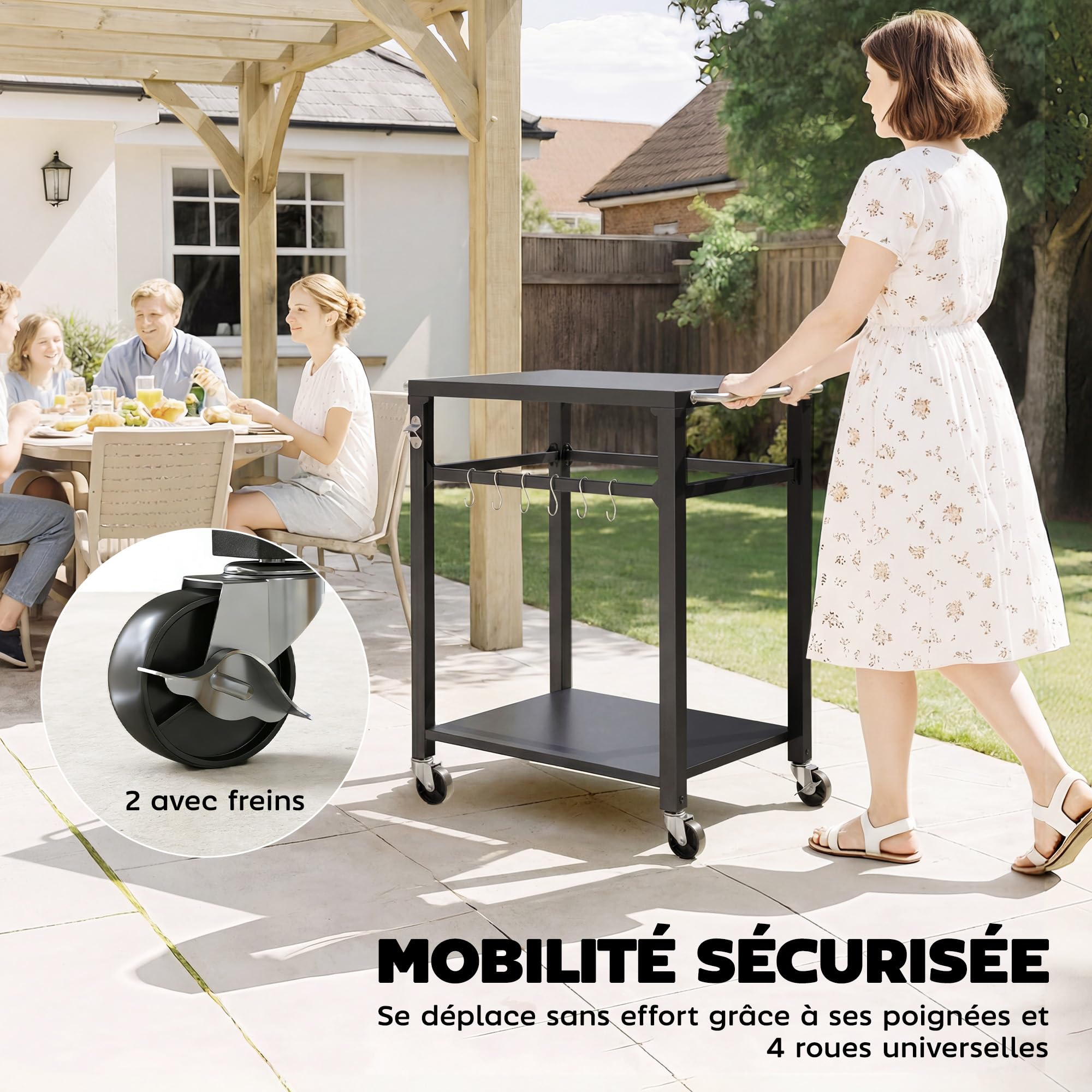 Outsunny Desserte Jardin Chariot de Barbecue sur roulettes îlot de Cuisine en métal avec Crochets, 2 poignées, roulettes verrouillables, étagère, 90,5 x 55 x 88 cm, Noir