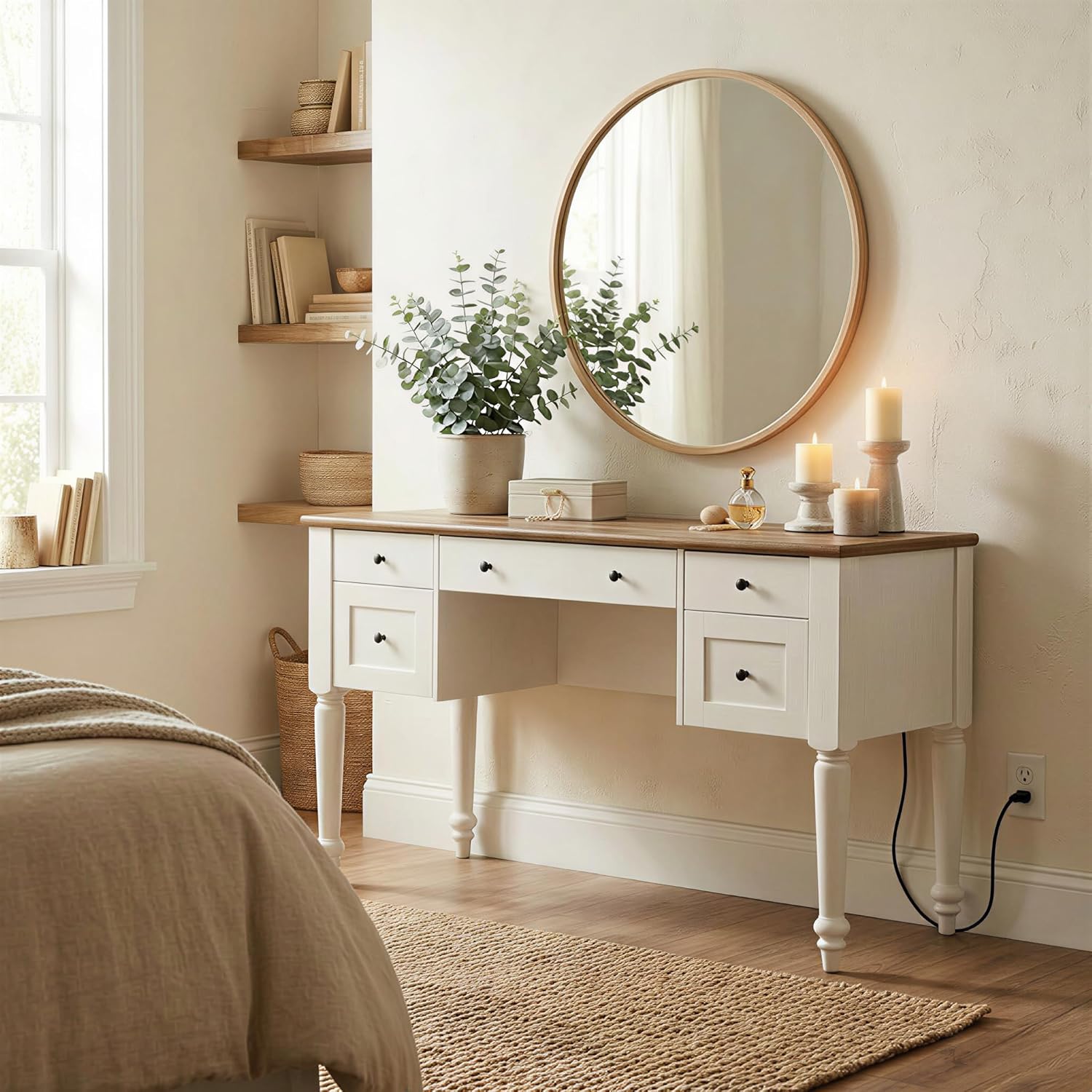 WAMAPT Executive Desk with 5 Drawers, Makeup Vanity Desk, Home Office Desk with Charging Station, Vintage Computer Desk with File Cabinet Storage, Open shelf for Working, Writing, Studying, White, 55"