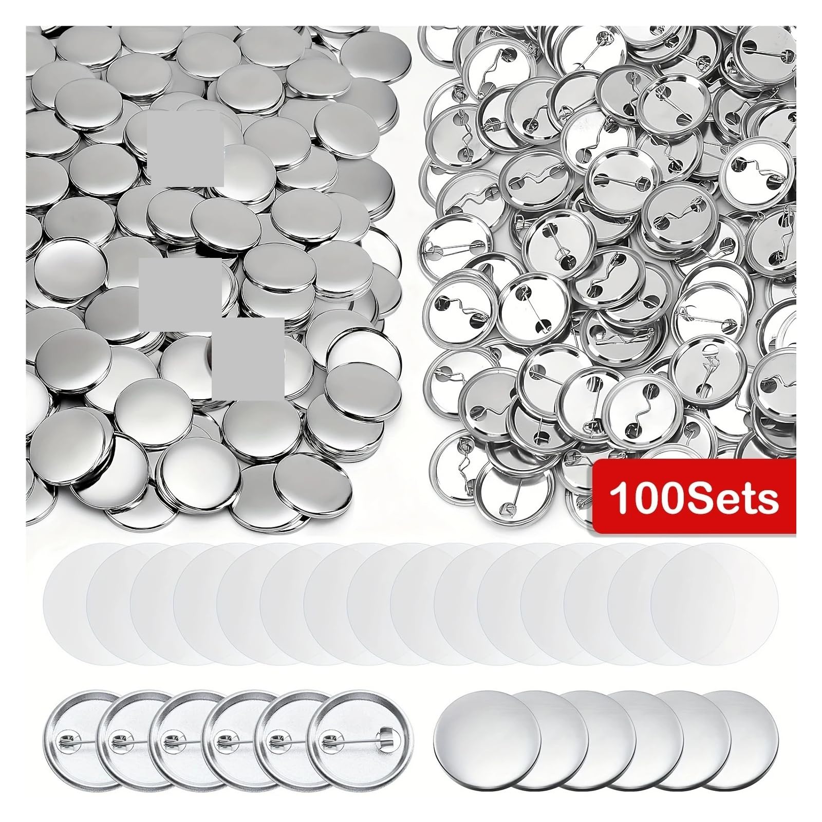 100 zestawów 25 mm metalowych guzików okrągłych, materiały do produkcji przypinek, materiały do produkcji odznak do guzików z przezroczystą folią do spersonalizowanego rękodzieła