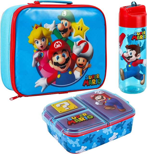 Zawadi Global Super Mario Kids Childrens Lunch Box Set  Insulated Lunch Bag, Multicompartment Lunch Box & 540ml Water Bottle - School Travel Lunch Food Set, BPA Free