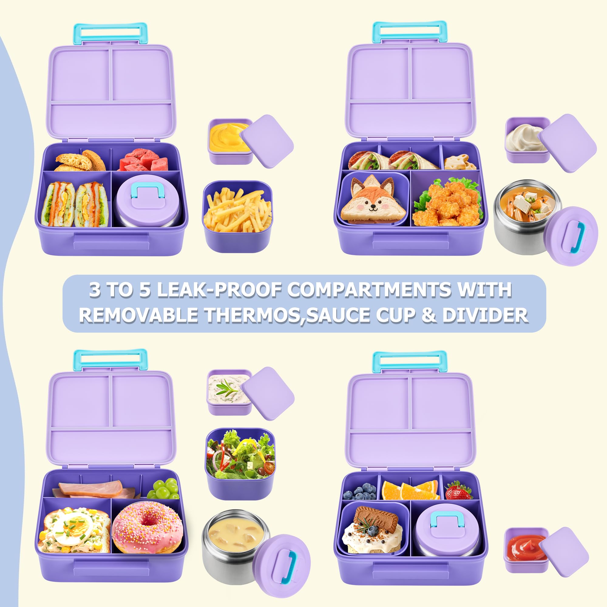 Bento-Lunchbox für Kinder mit Thermoskanne, auslaufsichere Bento-Box mit 237 ml isoliertem Lebensmittelglas, isolierte Flasche, Lunch-Tasche, BPA-frei, spülmaschinenfest, Behälter mit 4 Fächern, für