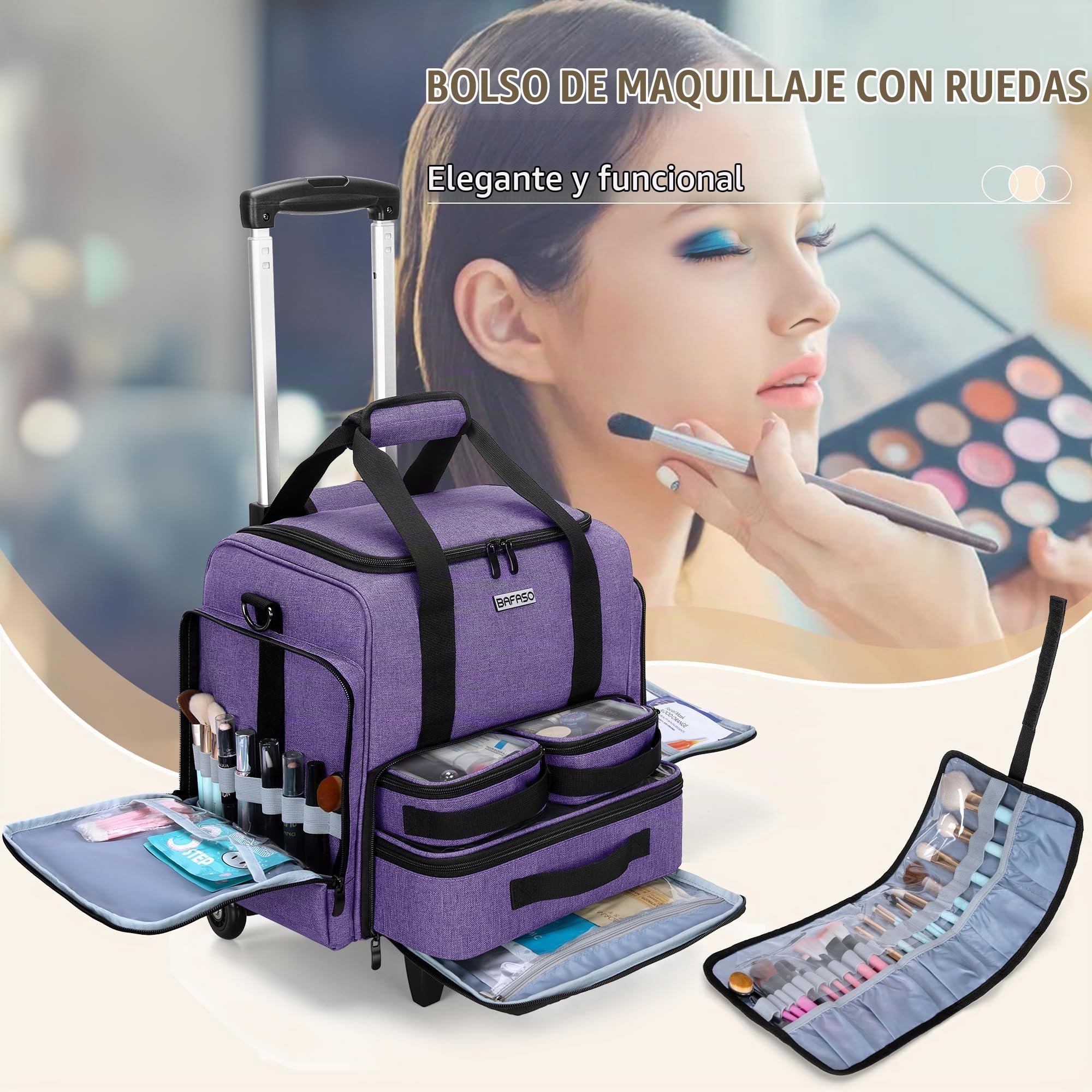 BAFASO Estuche para Cosméticos con Ruedas, Bolsa de Maquillaje de Viaje