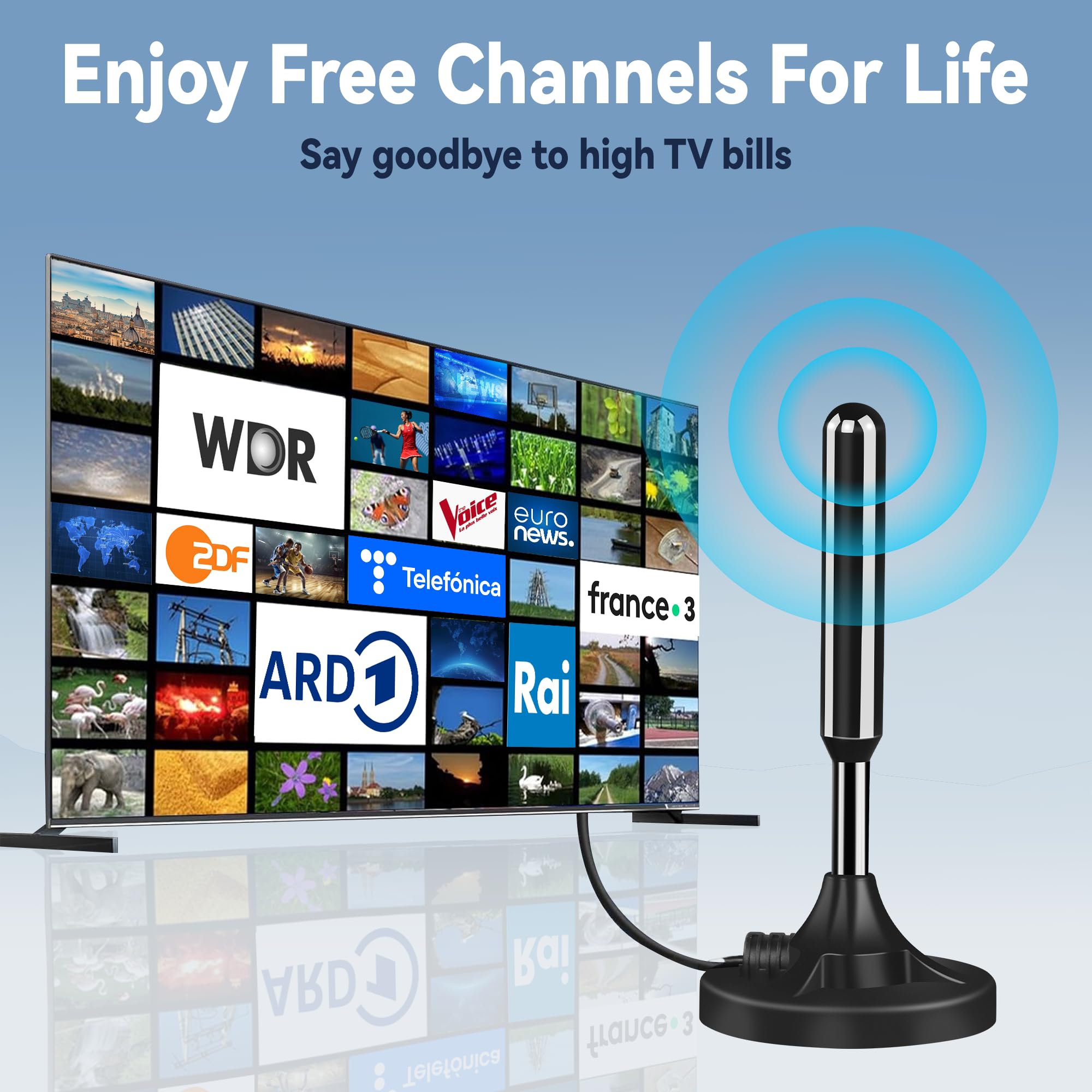 Antenne TV Numérique Antenne TV Intérieure Puissante 2025 - Réception 360° Longue Distance | Chaînes HD Gratuites 5m Câble Antenne Intérieure Câble 5m Chaînes HD