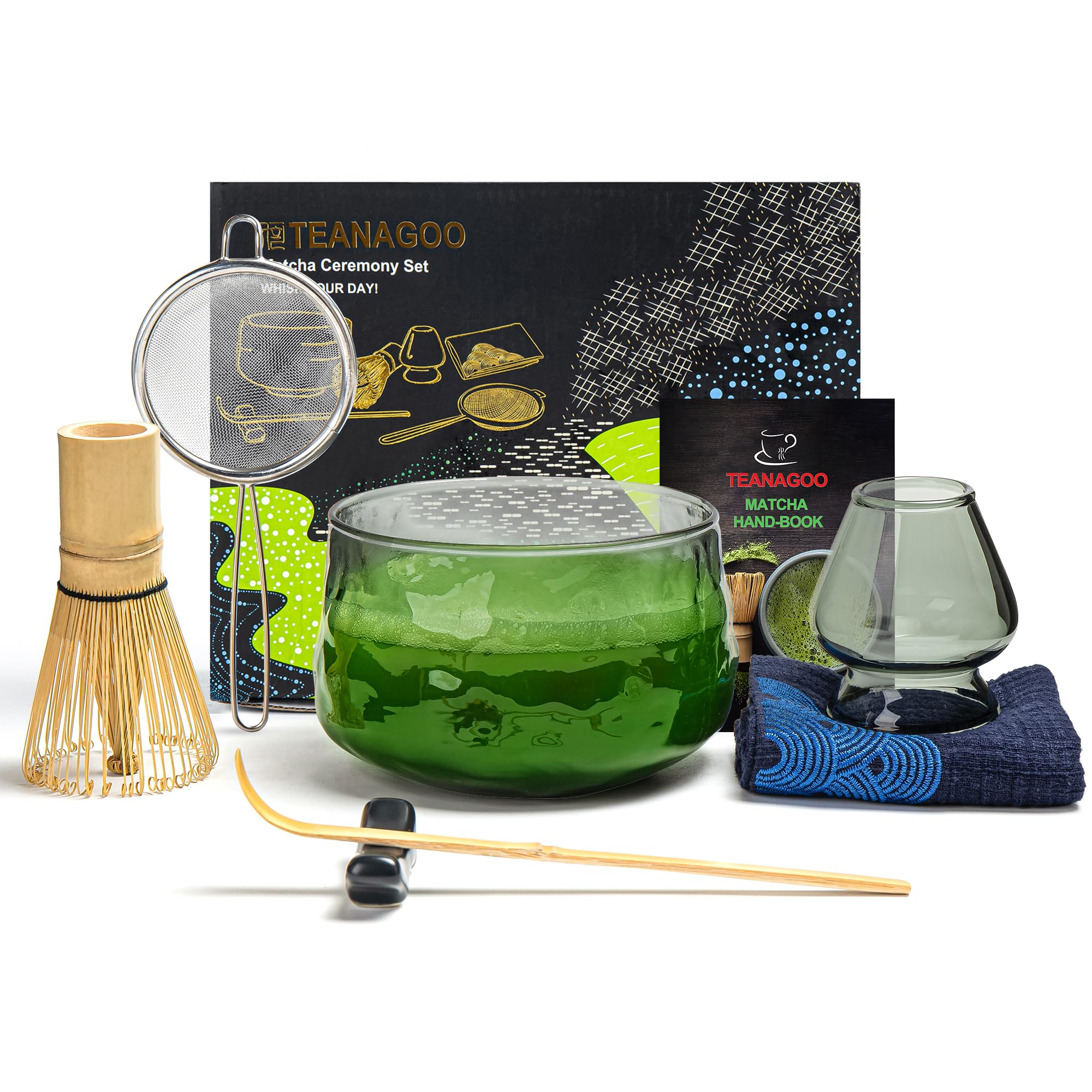 TEANAGOO giapponeseMatcha Whisk Set Kit Tazza Matcha Spazzola Bamboo (chasen) Cucchiaio (chashaku) Supporto Spazzola N30, Dark Vetro Grigio