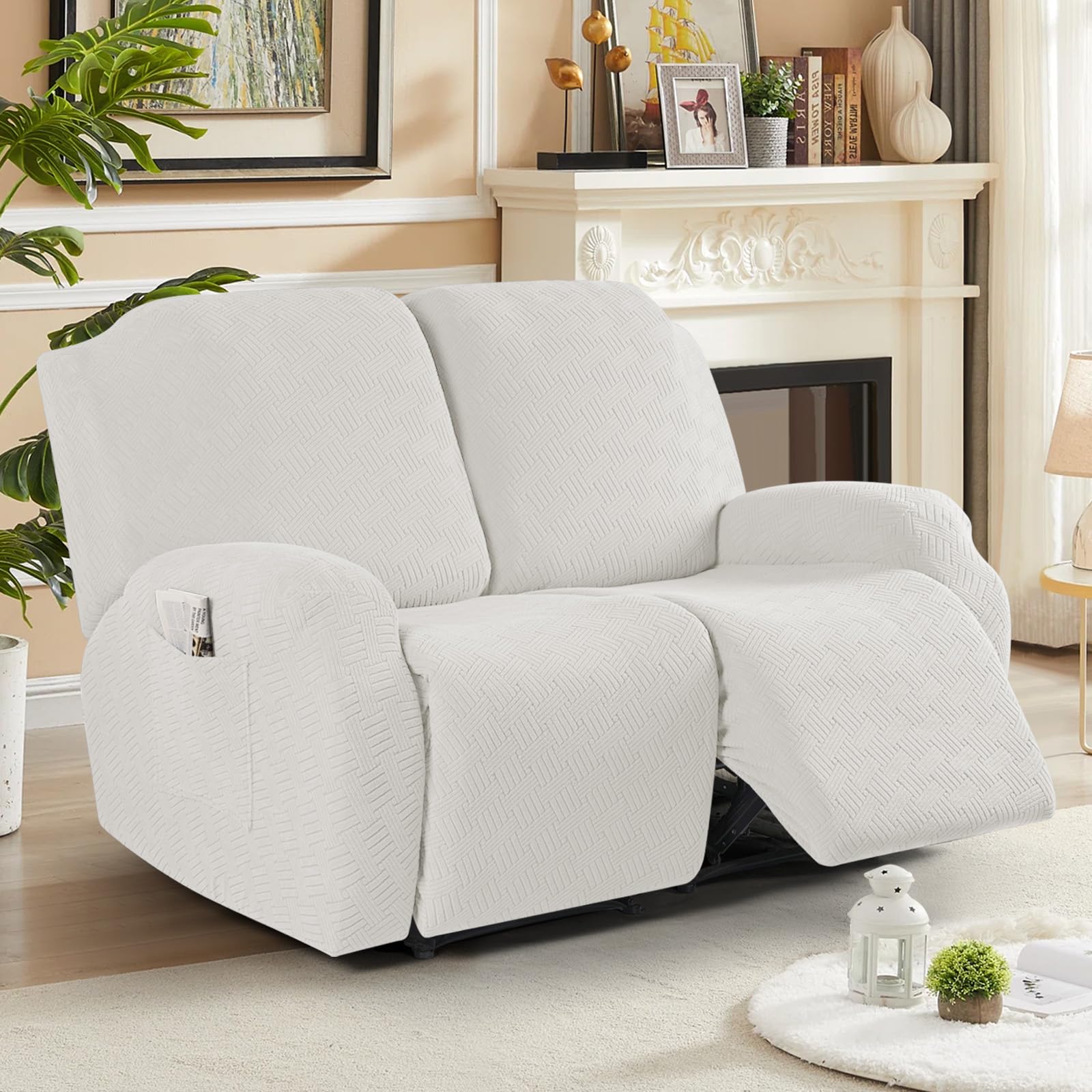 KinCam Jacquard Recliner Chair Cover, Stretch Sofa Slipcover with Armrest & Pocket, Soft Couch Cover Sofa Protector for Dogs & Pets, Washable Armchair Cover (2 Seater, Cream)