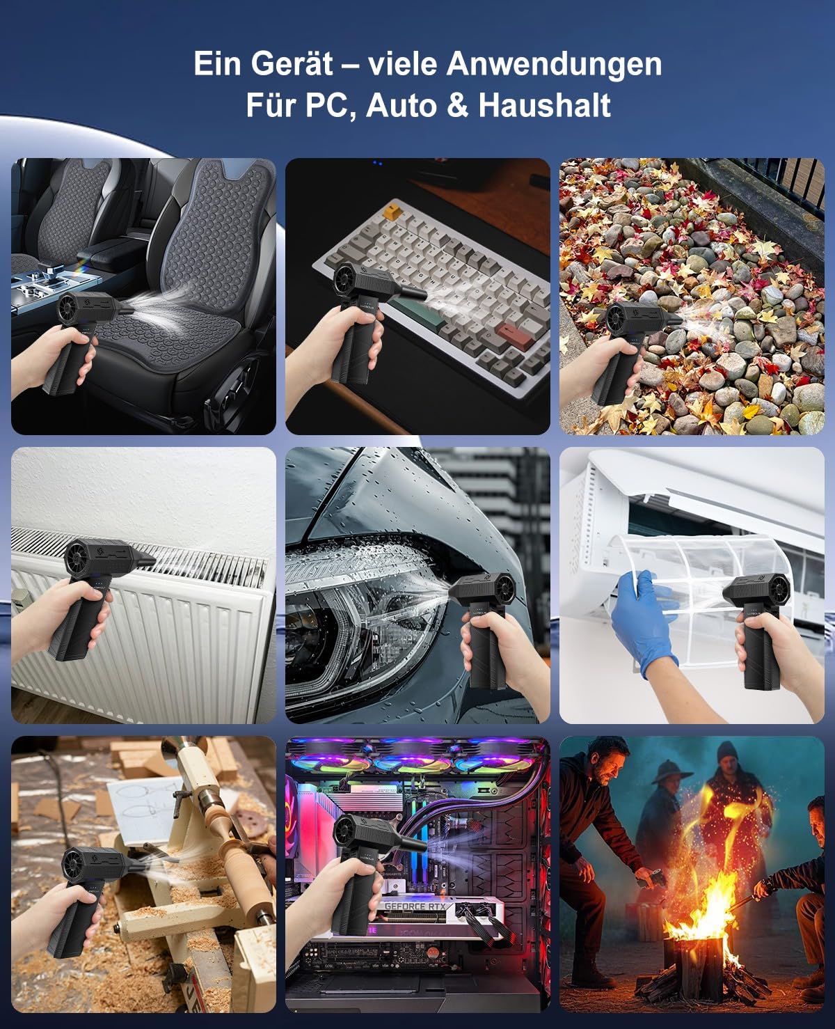 LUXSOLIS X3 Mini Turbo Fan Elektrischer Staubbläser Akku 110000 U/min 3 Stufen USB-C 4 Düsen