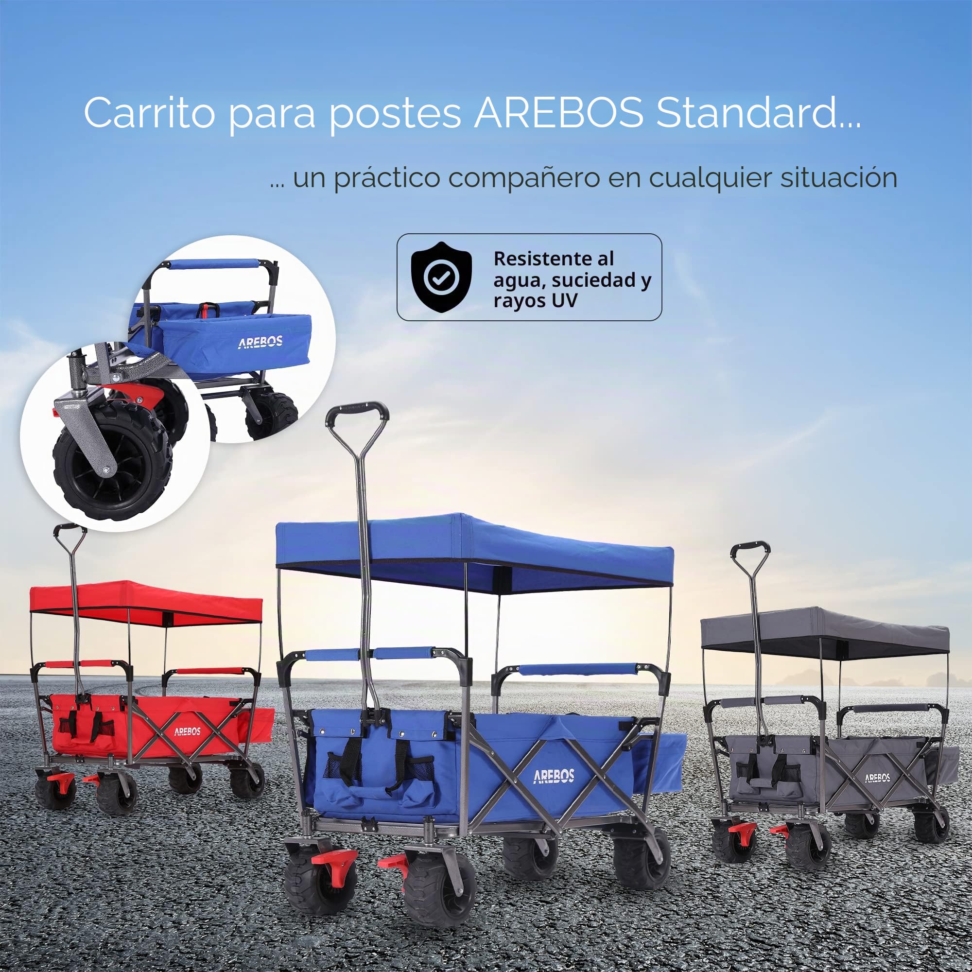 Arebos Carro de Mano con Techo | Carro Plegable | Carretilla Jardin | Carro Playa | Azul | 100 kg